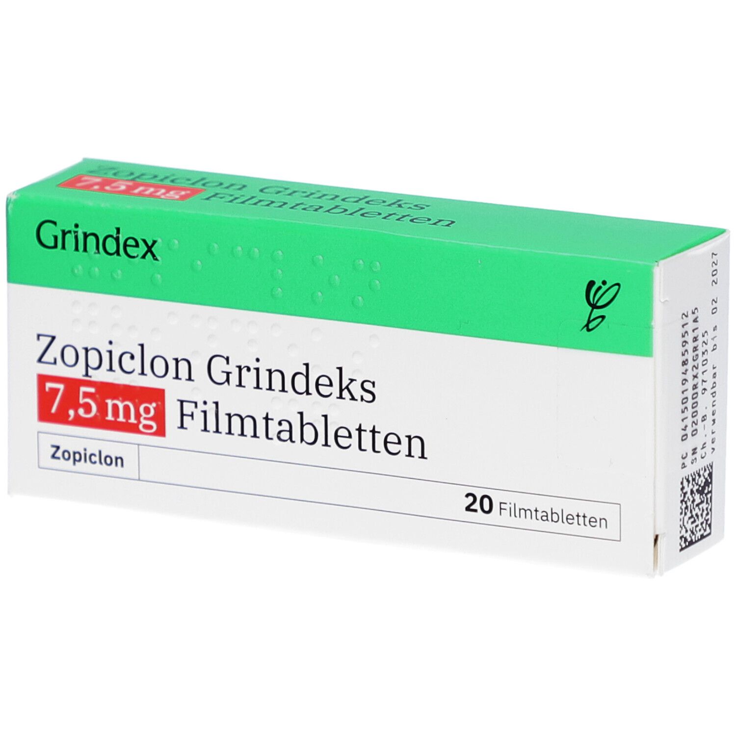 Schachtel mit Zopiclon Grindeks 7,5 mg Filmtabletten. Grün-weiße Verpackung mit Produktnamen und Dosierung.