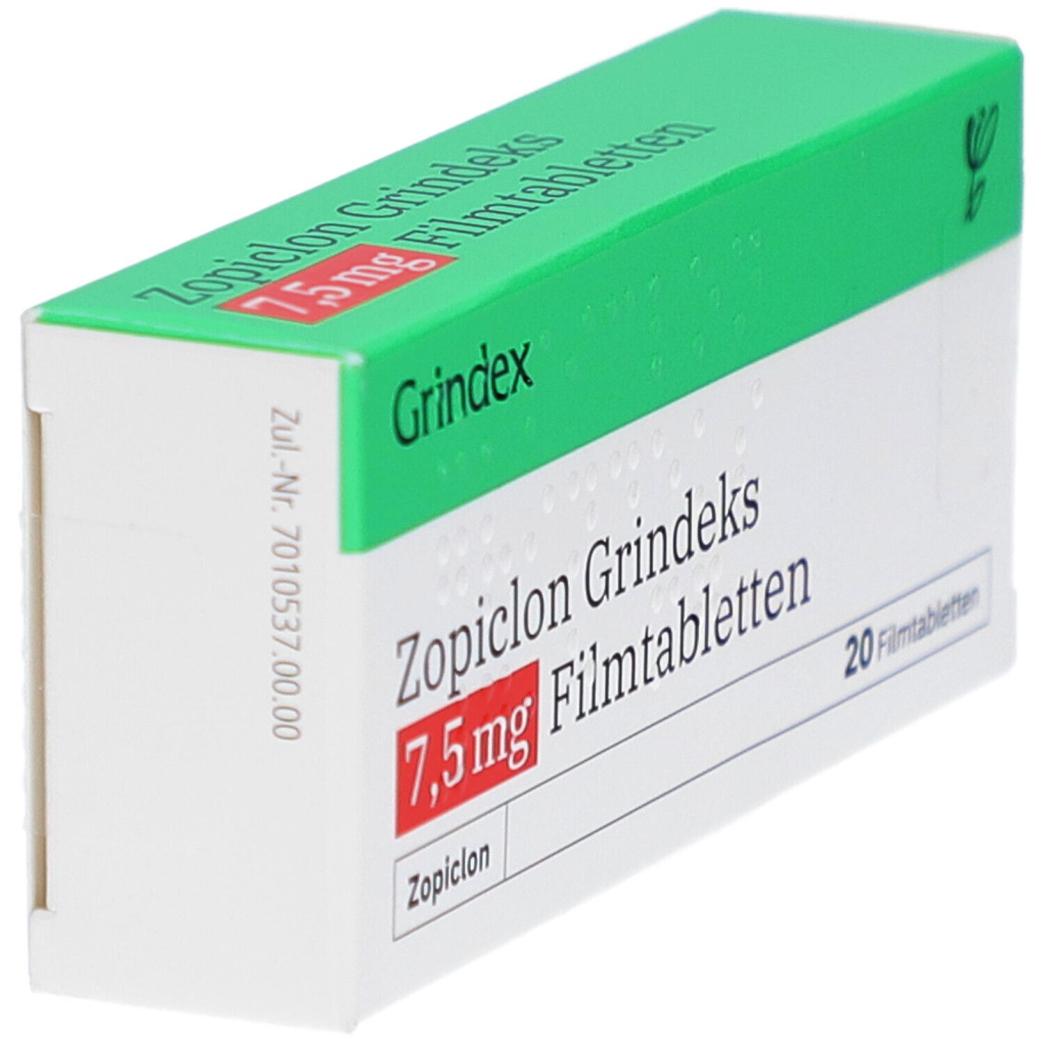 Schachtel Zopiclon Grindeks 7,5 mg Filmtabletten. Grün-weiße Verpackung, seitliche Ansicht mit Produktnamen und Dosierung.