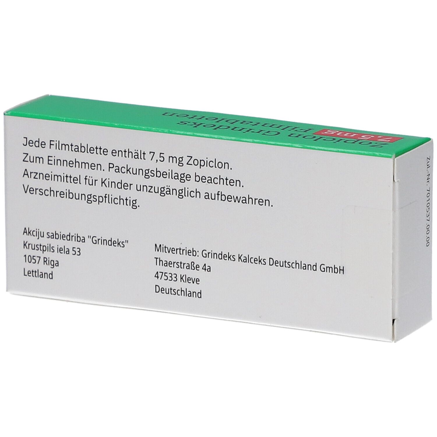 Rückseite der Schachtel Zopiclon Grindeks 7,5 mg Filmtabletten. Textinformationen und Adresse des Herstellers.
