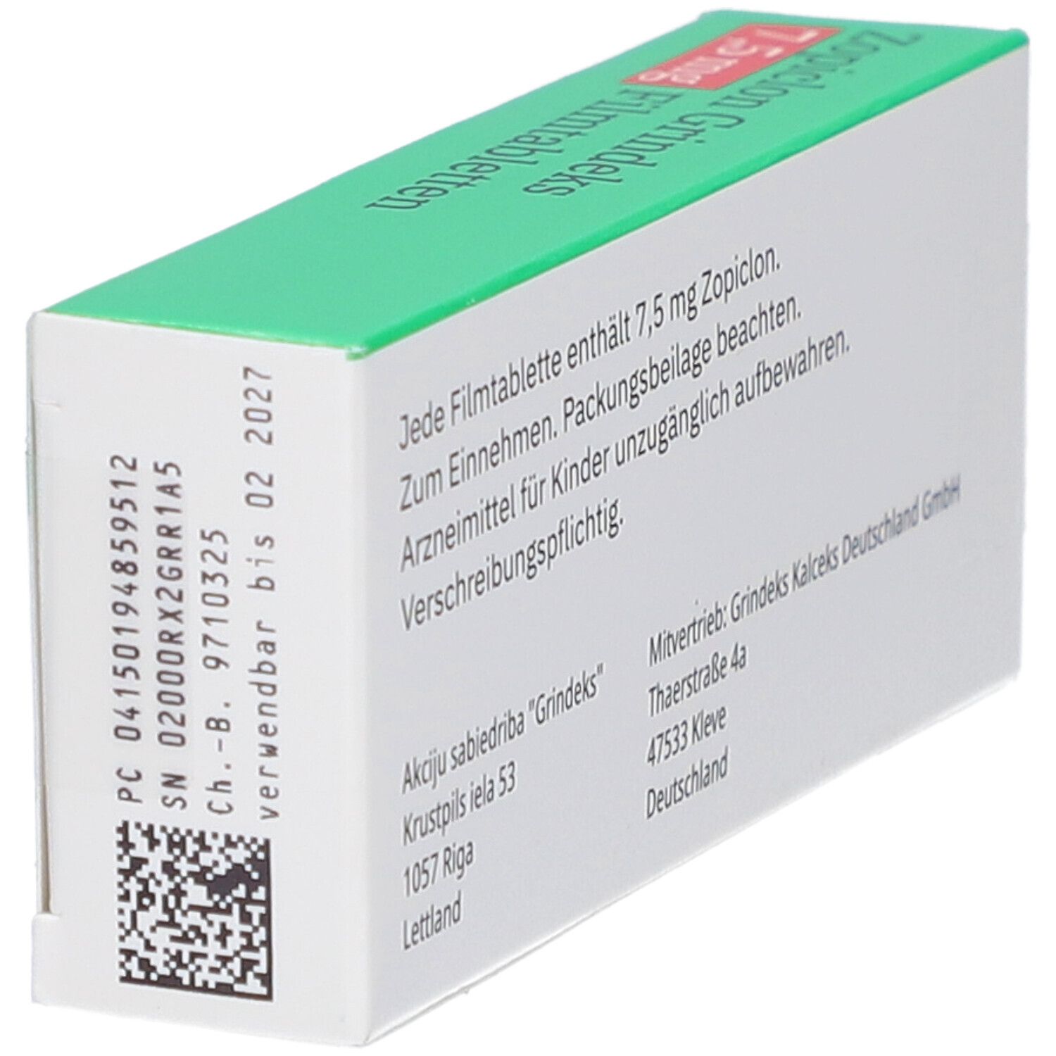 Seitenansicht der Schachtel Zopiclon Grindeks 7,5 mg Filmtabletten. Textinformationen und Chargennummer.
