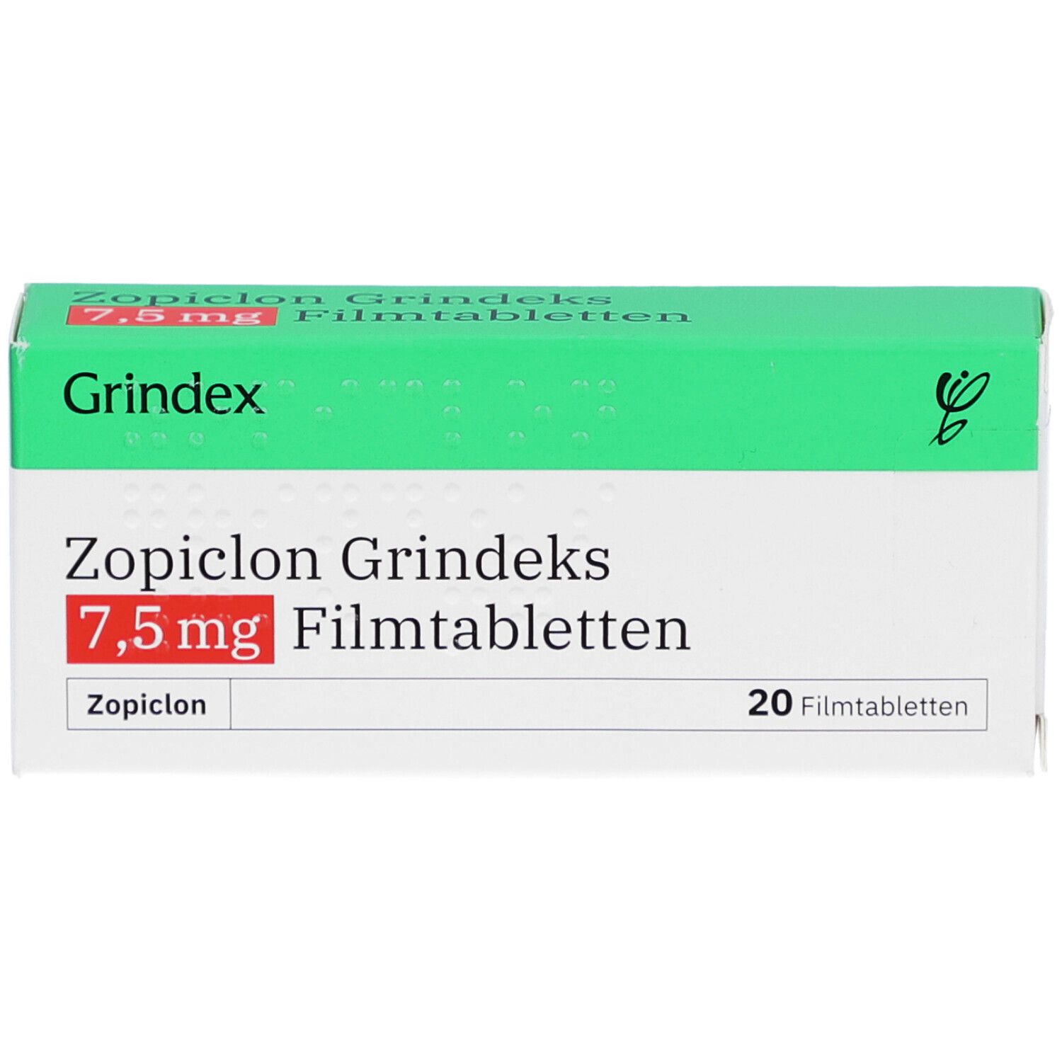 Schachtel Zopiclon Grindeks 7,5 mg Filmtabletten. Grün-weiße Verpackung mit Produktnamen und Dosierung.