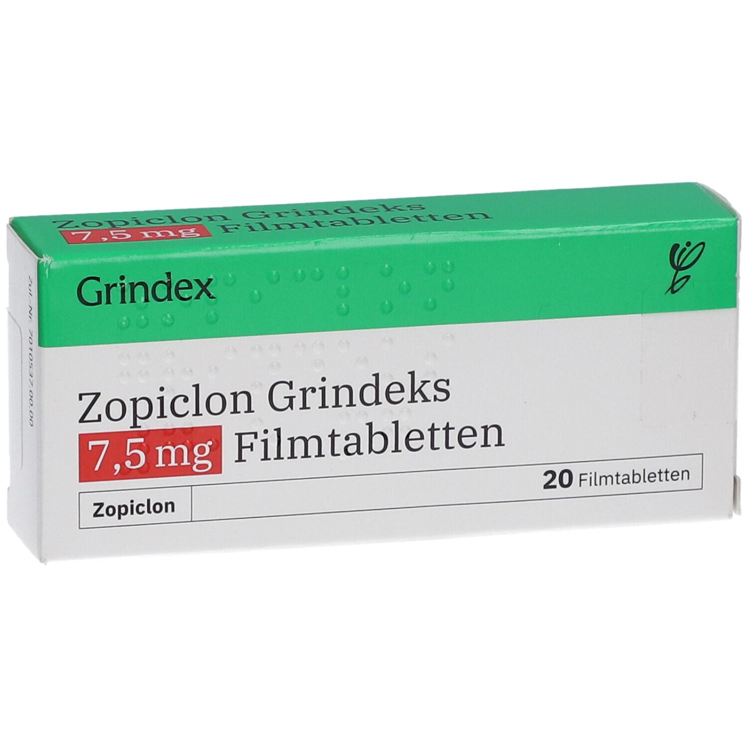 Schachtel Zopiclon Grindeks 7,5 mg Filmtabletten. Grün-weiße Verpackung mit Produktnamen und Dosierung.