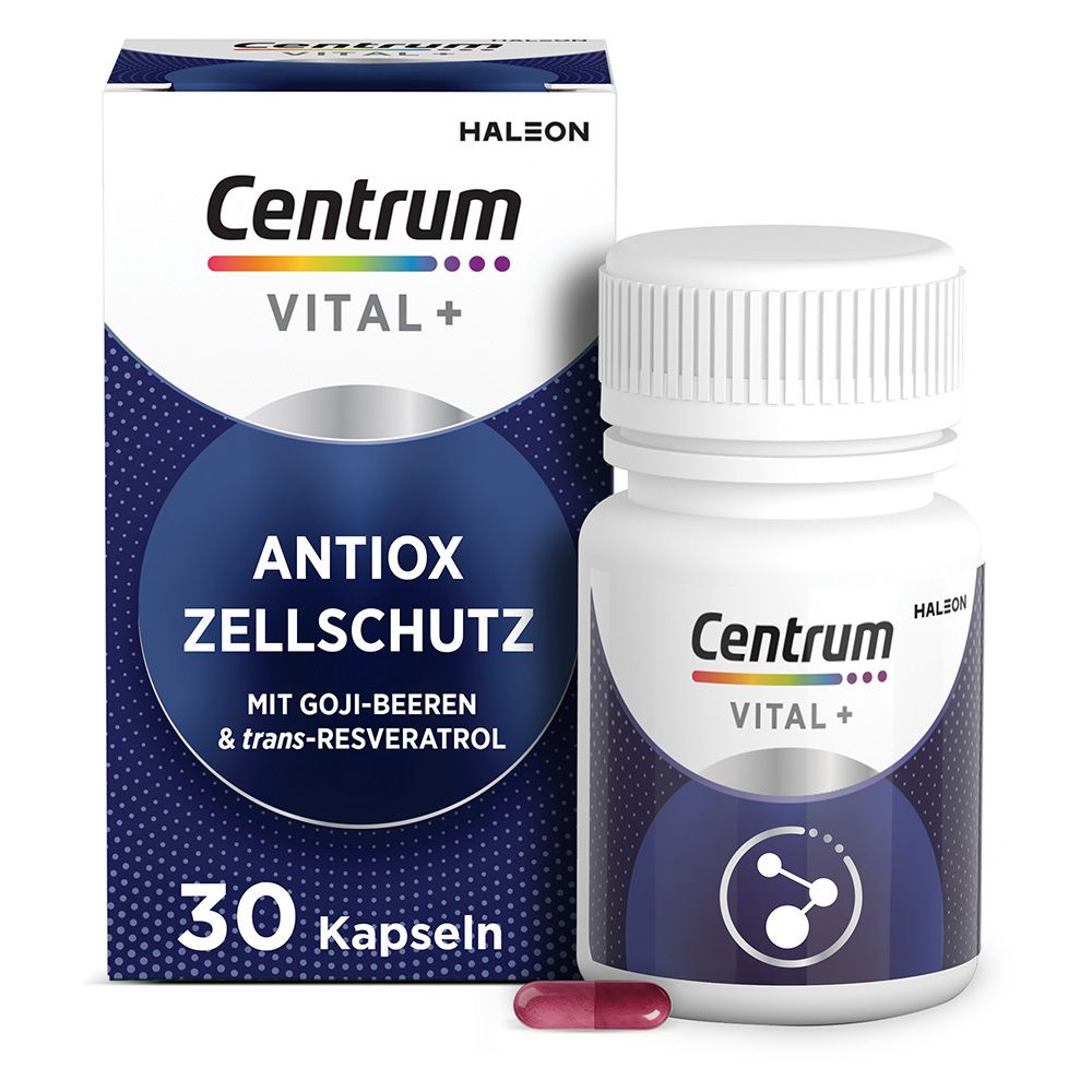 Centrum Vital+ Antiox Zellschutz. Weiße Flasche und Schachtel. 30 Kapseln. Rote Kapsel.