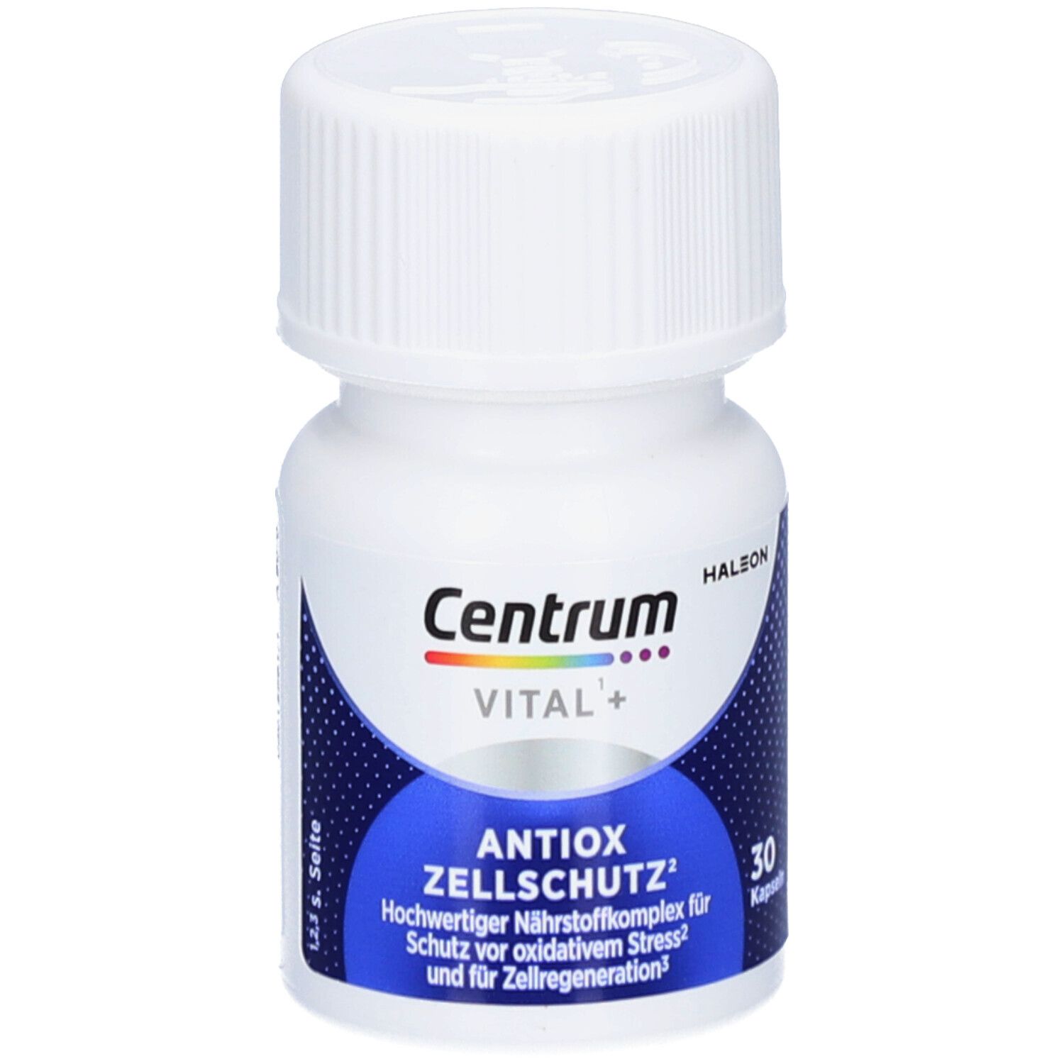 Weiße Flasche mit Schraubverschluss. Aufschrift: Centrum VITAL+ Antiox Zellschutz. 30 Kapseln.