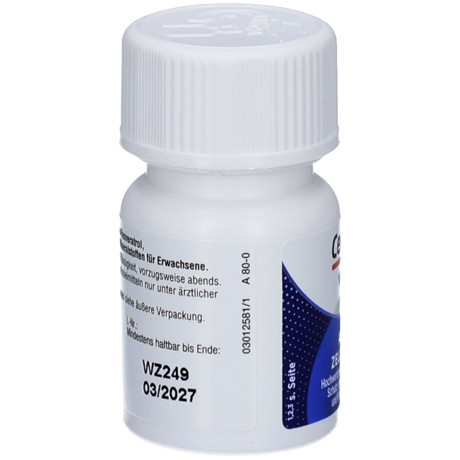 Weiße Flasche mit Schraubverschluss. Aufschrift: Centrum VITAL+. Rückseite mit Text und Datum 03/2027.