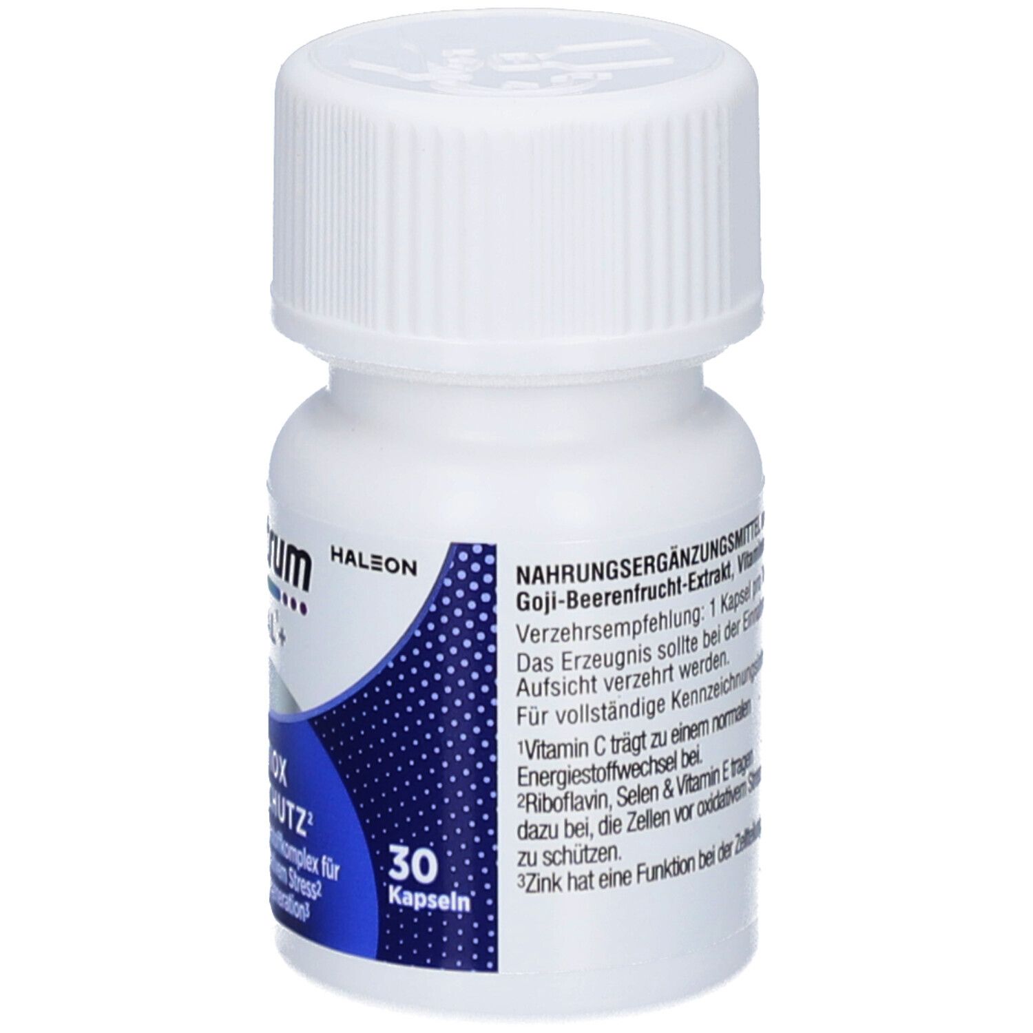 Weiße Flasche mit Schraubverschluss. Aufschrift: Centrum VITAL+ Antiox Zellschutz. 30 Kapseln.