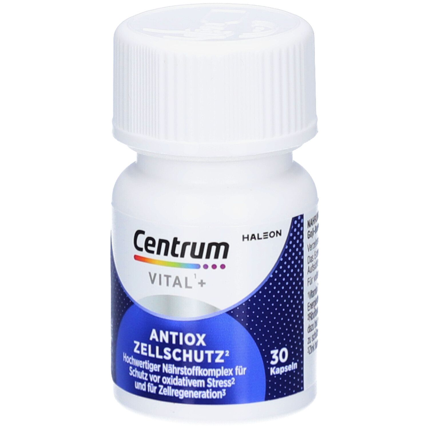 Weiße Flasche mit Schraubverschluss. Aufschrift: Centrum VITAL+ Antiox Zellschutz. 30 Kapseln.