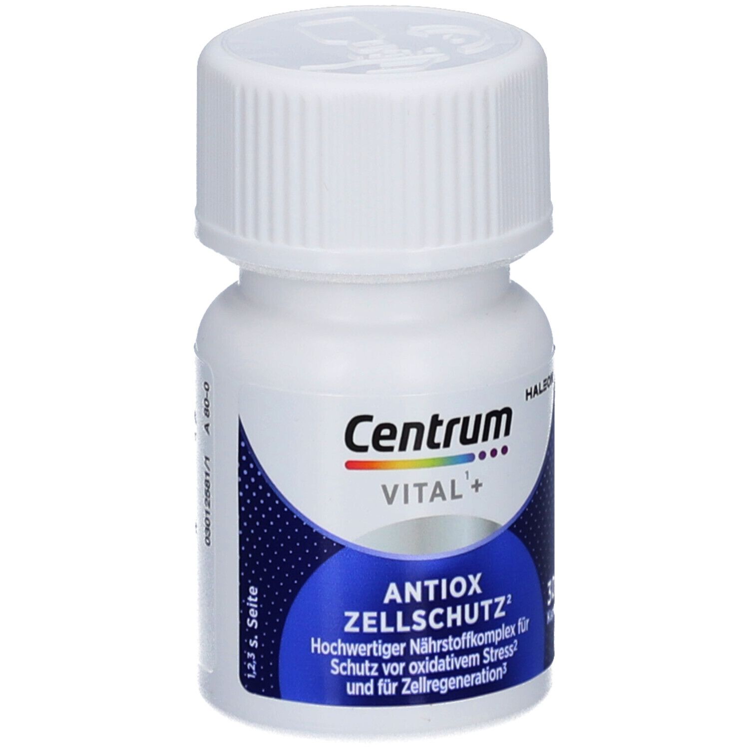 Weiße Flasche mit Schraubverschluss. Aufschrift: Centrum VITAL+ Antiox Zellschutz. 30 Kapseln.