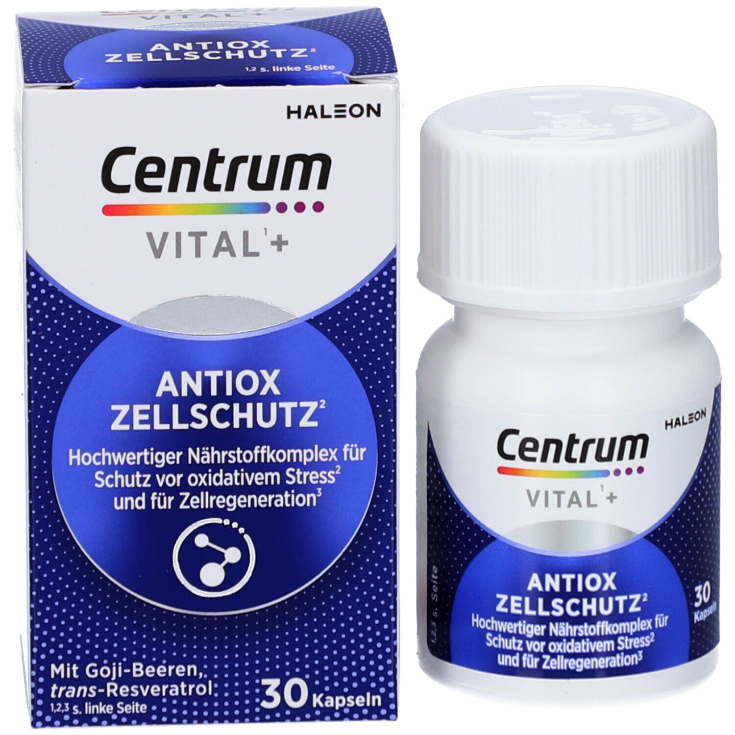 Produktverpackung mit Flasche und Karton. Aufschrift: Centrum VITAL+ Antiox Zellschutz. 30 Kapseln.