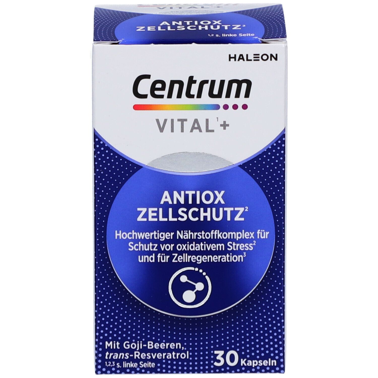 Produktverpackung mit Karton. Aufschrift: Centrum VITAL+ Antiox Zellschutz. 30 Kapseln.