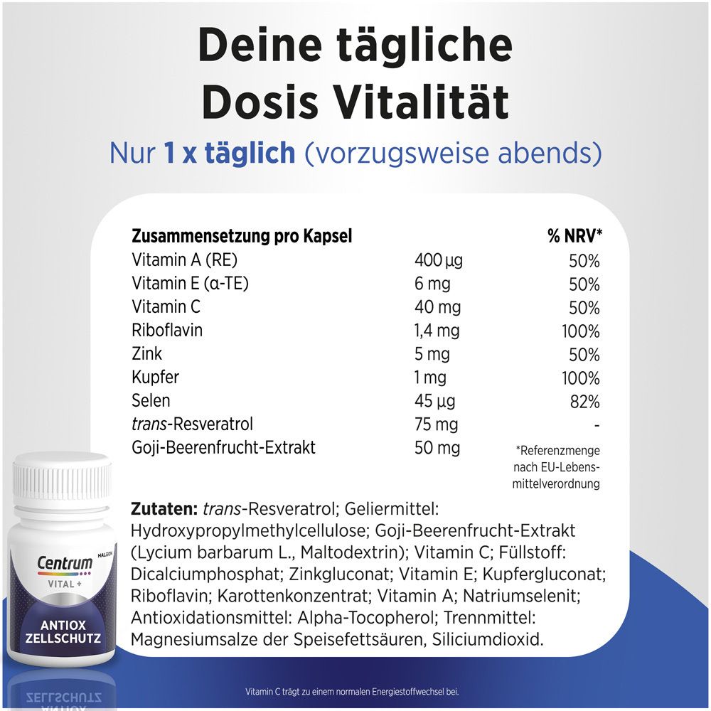 Zusammensetzung pro Kapsel. Vitamin A, E, C, Riboflavin, Zink, Kupfer, Selen, trans-Resveratrol, Goji-Beerenextrakt.