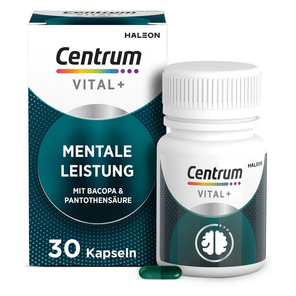 Schachtel und Flasche mit Kapseln. Aufschrift: Centrum VITAL+ Mentale Leistung. 30 Kapseln.