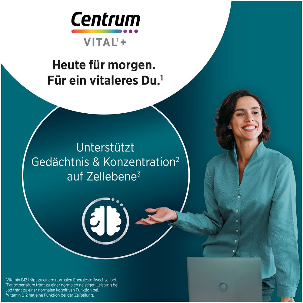 Frau mit Laptop. Text: Unterstützt Gedächtnis & Konzentration auf Zellebene. Centrum VITAL+ Logo.