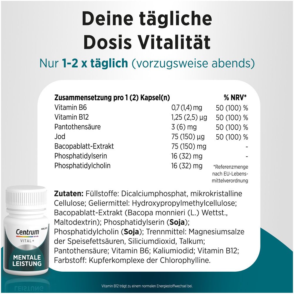 Tabelle mit Inhaltsstoffen und Dosierung. Flasche mit Kapseln. Aufschrift: Centrum VITAL+ Mentale Leistung.