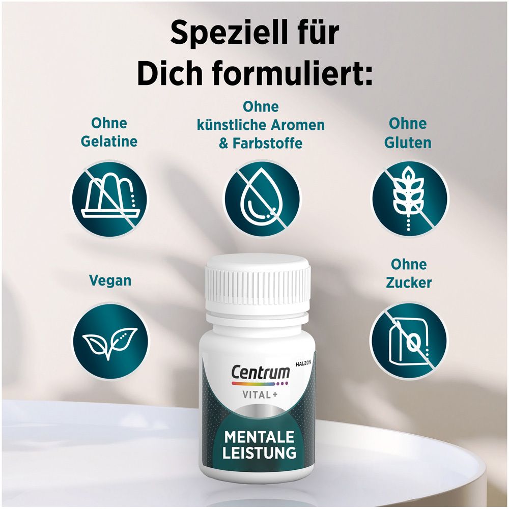 Flasche mit Kapseln. Text: Ohne Gelatine, künstliche Aromen & Farbstoffe, Gluten, Zucker. Vegan.