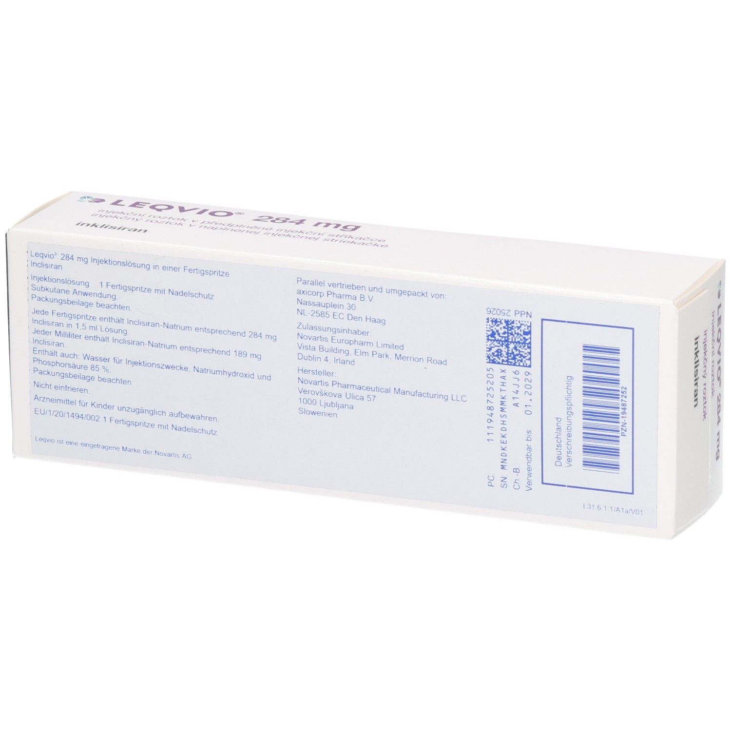 Verpackung von Leqvio 284 mg Injektionslösung mit Anwendungshinweisen.