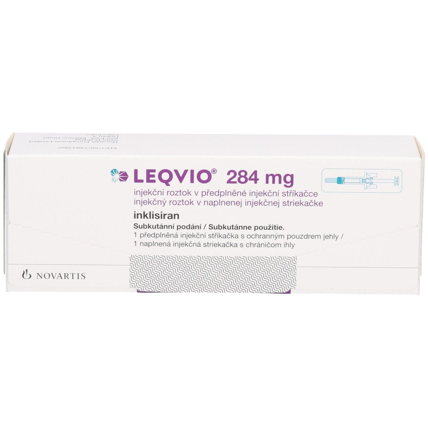 Verpackung von LEQVIO 284 mg Injektionslösung in Fertigspritze mit Novartis-Logo.