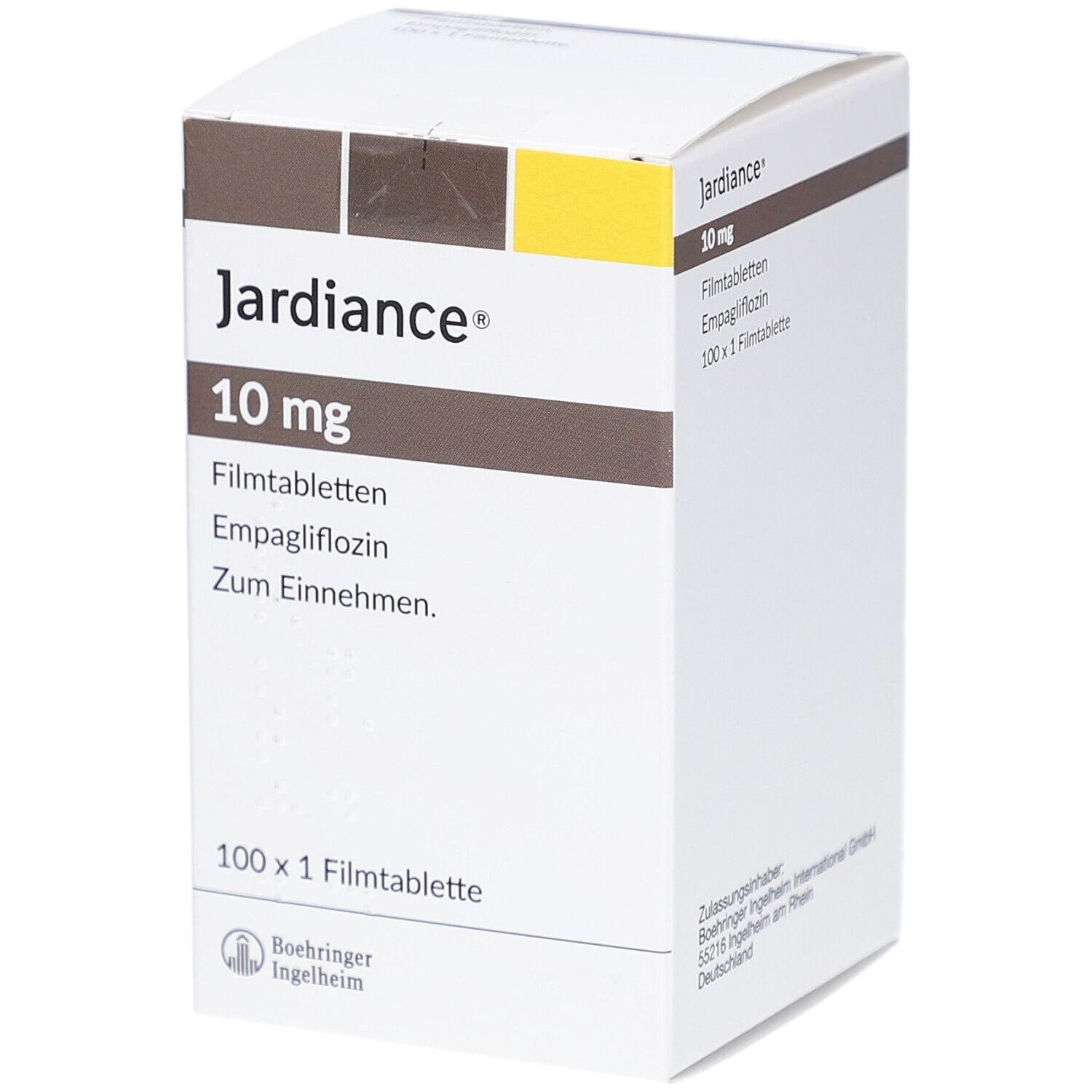 Schachtel mit Jardiance 10 mg Filmtabletten. Aufschrift: 100 x 1 Filmtablette. Boehringer Ingelheim Logo.