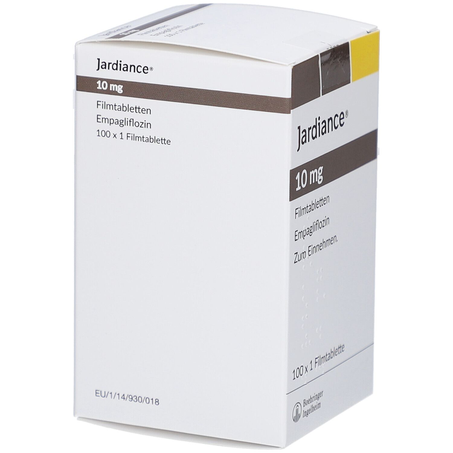 Schachtel mit Jardiance 10 mg Filmtabletten. Aufschrift: 100 x 1 Filmtablette. EU-Zulassungsnummer.