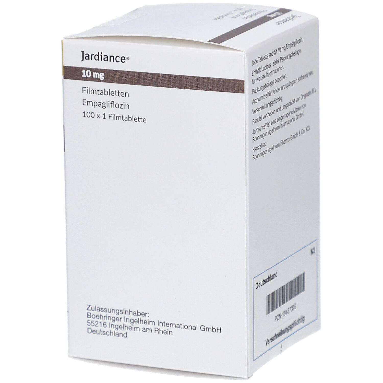 Schachtel mit Jardiance 10 mg Filmtabletten. Rückansicht. Enthält Informationen und Barcode.