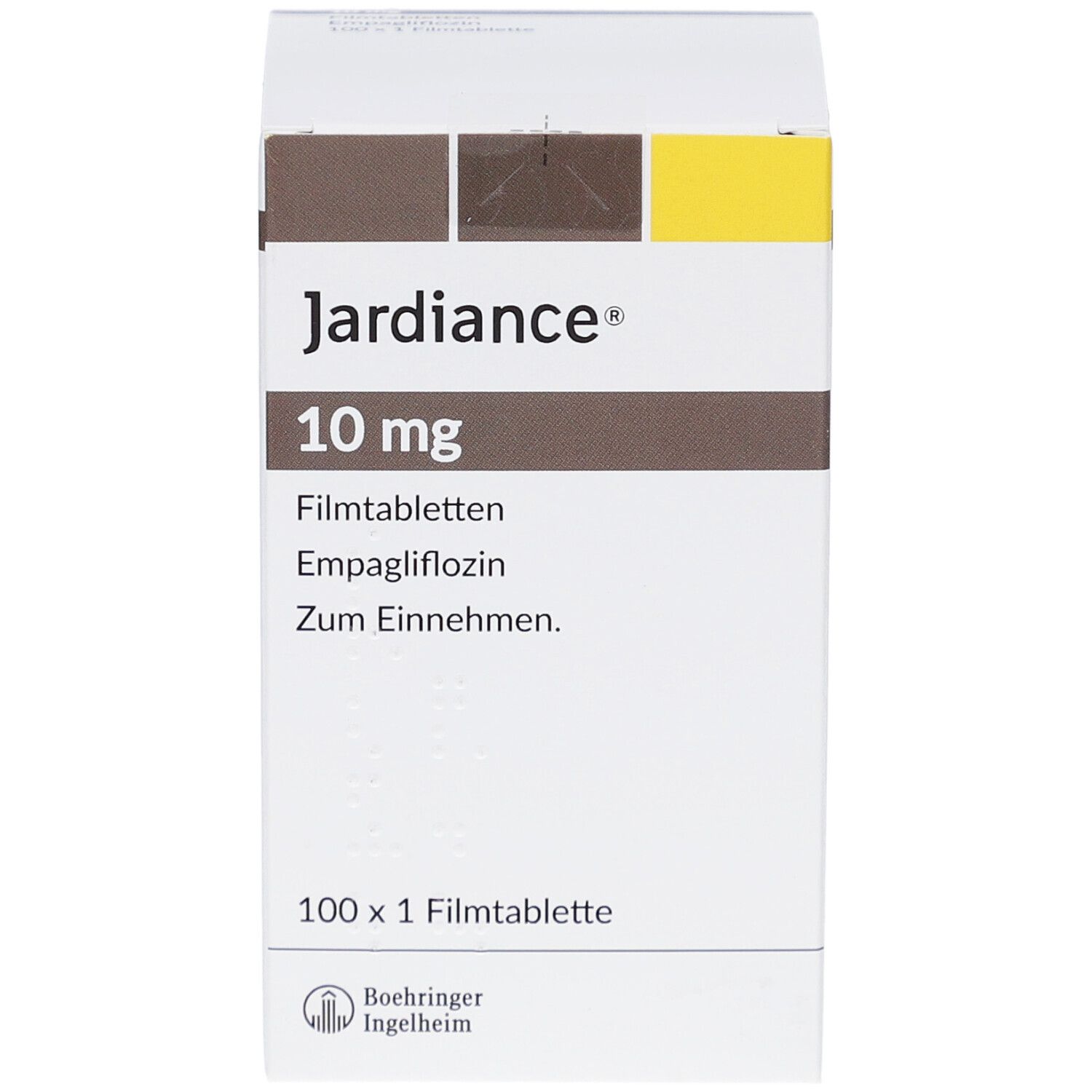 Vorderansicht der Jardiance 10 mg Filmtabletten-Schachtel. Aufschrift: 100 x 1 Filmtablette.