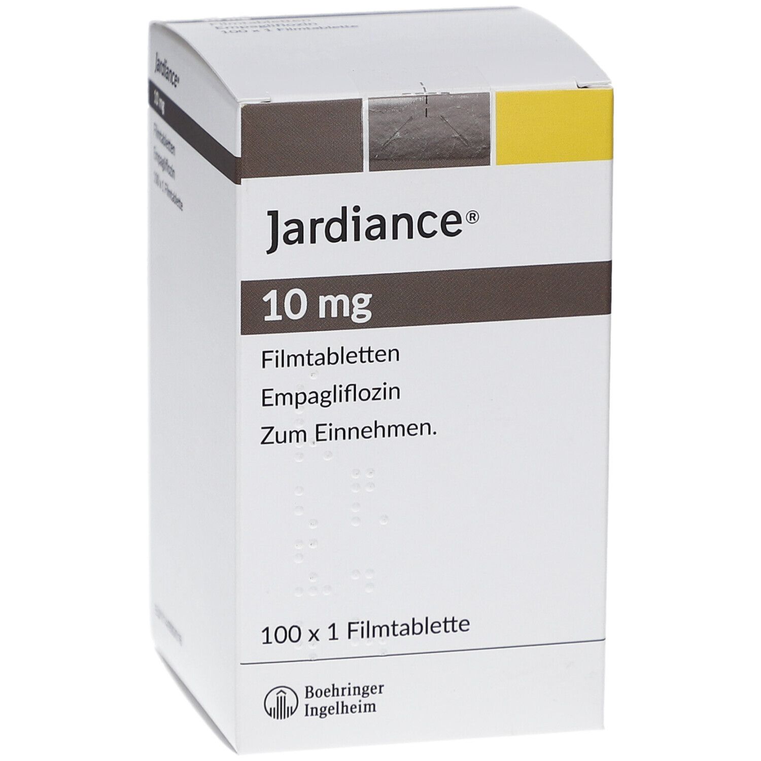 Vorderansicht der Jardiance 10 mg Filmtabletten-Schachtel. Aufschrift: 100 x 1 Filmtablette. Logo.
