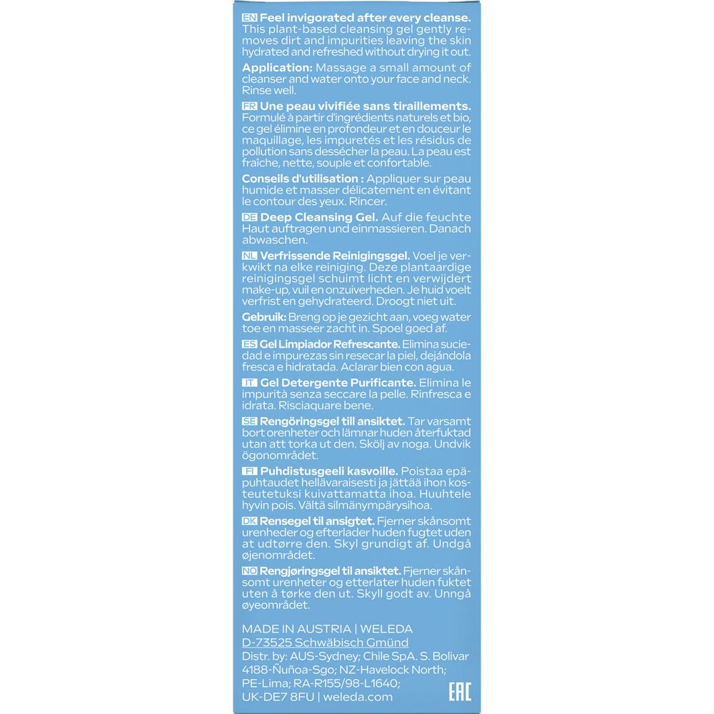 Text auf der Rückseite der WELEDA Deep Cleansing Gel Flasche. Mehrsprachiger Text, u.a. Anwendungshinweise und Inhaltsstoffe.