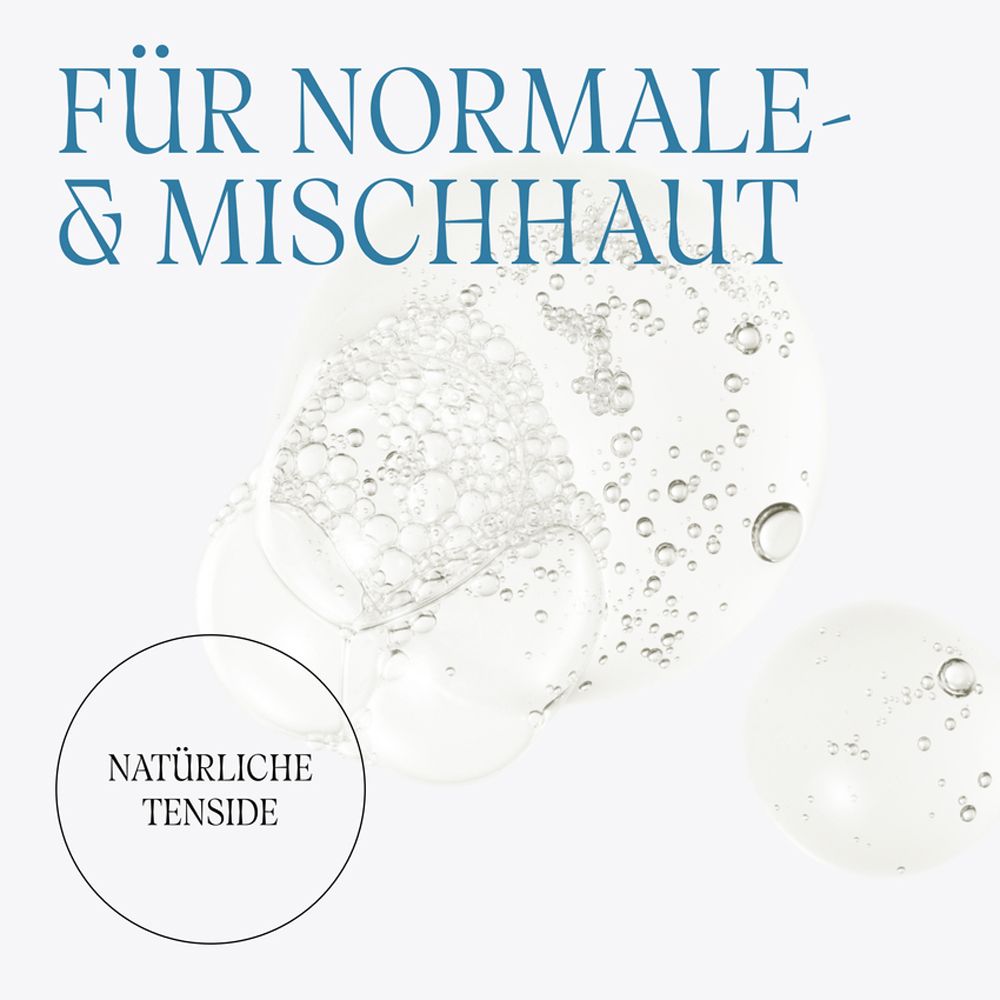 Blasen im Wasser. Text: Für normale & Mischhaut. Natürliche Tenside.