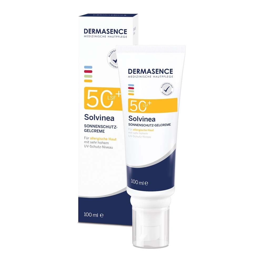 Dermasence Solvinea Sonnenschutz-Gelcreme LSF 50+ und Verpackung. Weiße Tube mit blauer und gelber Beschriftung. 100 ml.