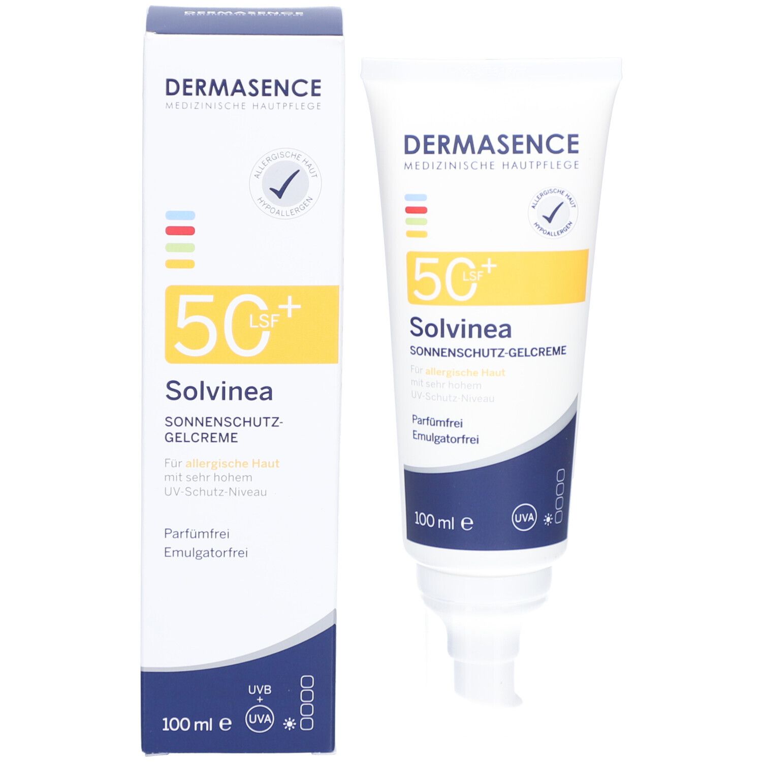 Produktverpackung mit Tube und Karton. Aufschrift: Dermasence, 50+, Solvinea, Sonnenschutz-Gelcreme. Mit UV-Schutz-Symbol.