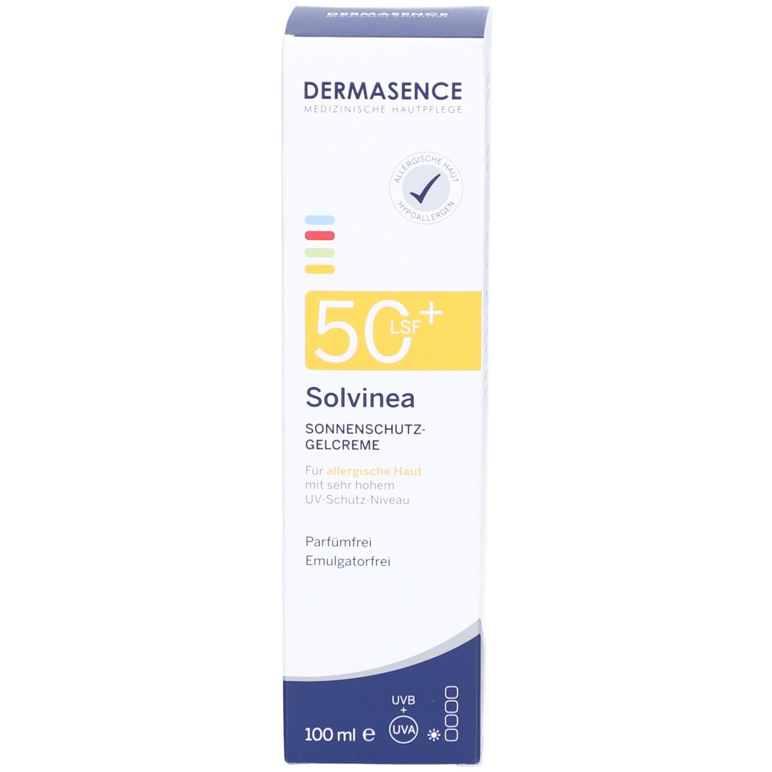 Kartonverpackung. Aufschrift: Dermasence, 50+, Solvinea, Sonnenschutz-Gelcreme. Mit UV-Schutz-Symbol und Produktinformationen.