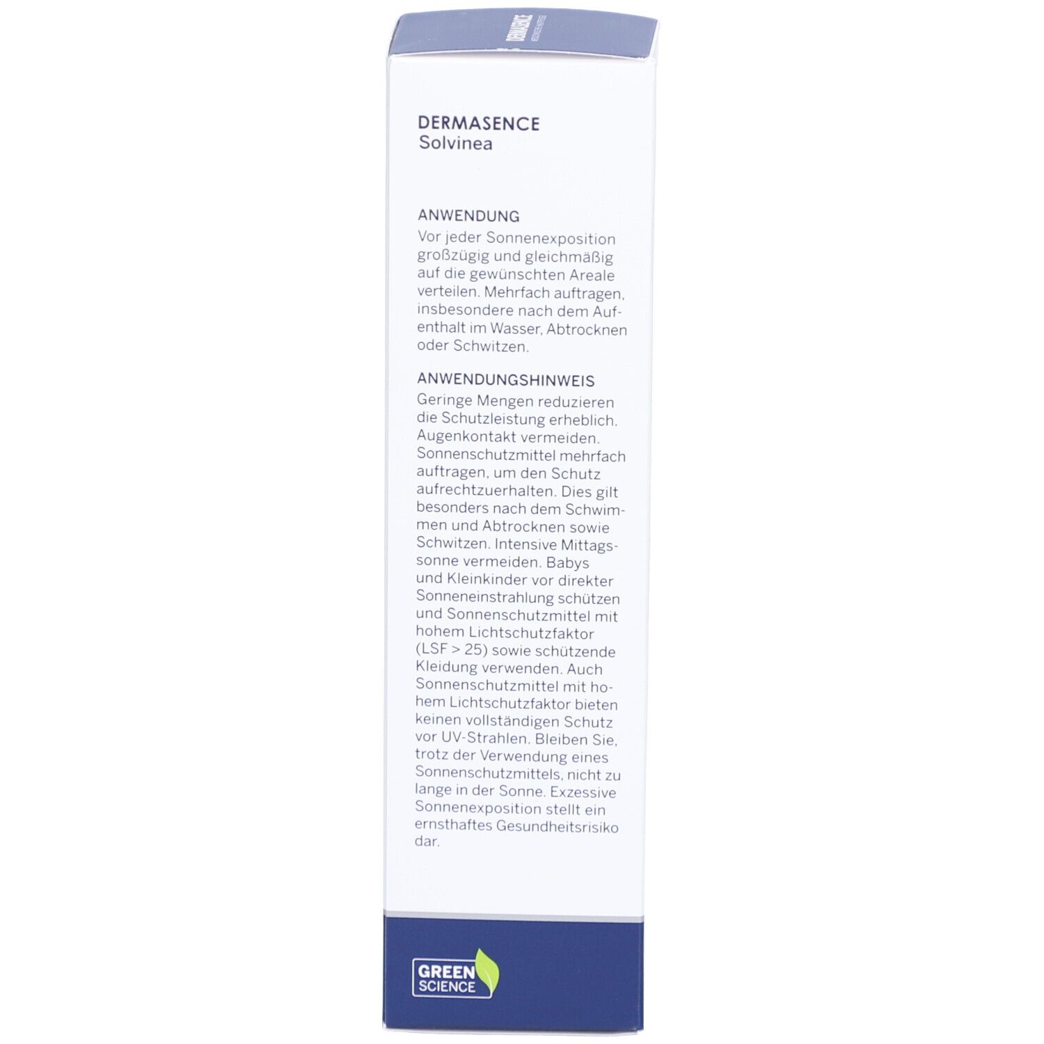 Seitenansicht der Kartonverpackung. Text in deutscher Sprache. Enthält Informationen zur Anwendung des Produkts.