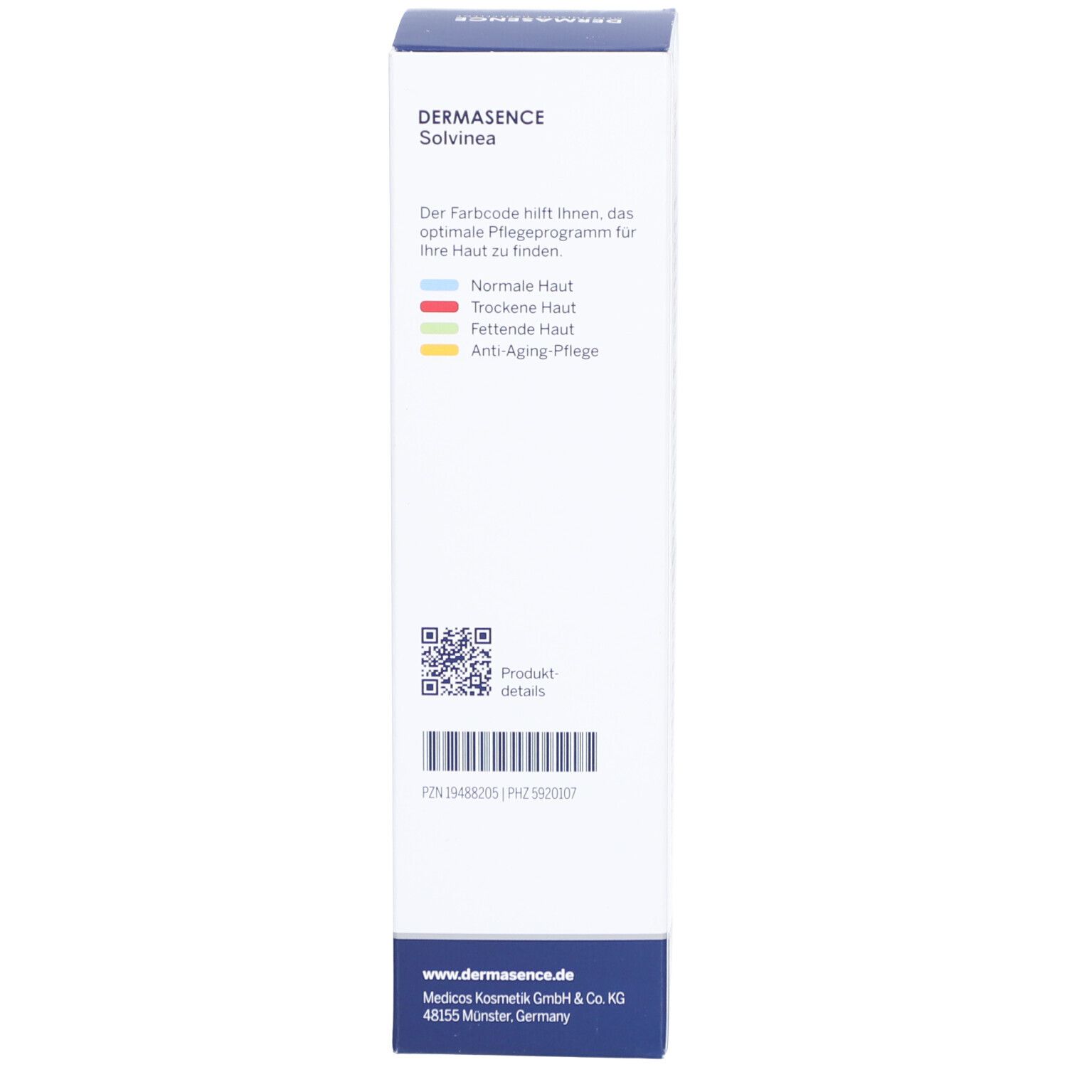 Seitenansicht der Kartonverpackung. Text in deutscher Sprache. Enthält Informationen zur Hauttyp-Zuordnung und Kontaktinformationen.