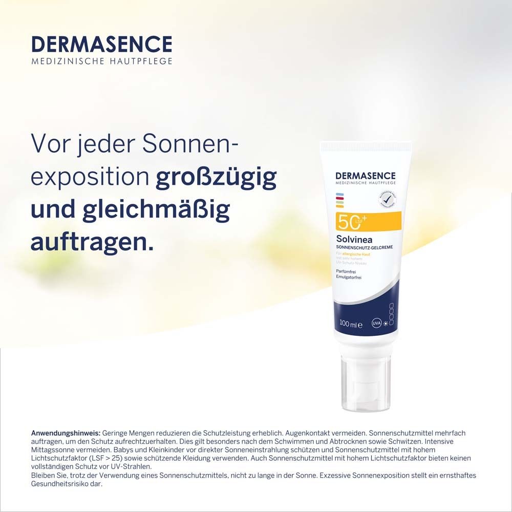 Dermasence Solvinea Gelcreme. Text: Vor jeder Sonnenexposition großzügig und gleichmäßig auftragen. Produkt und Tube.
