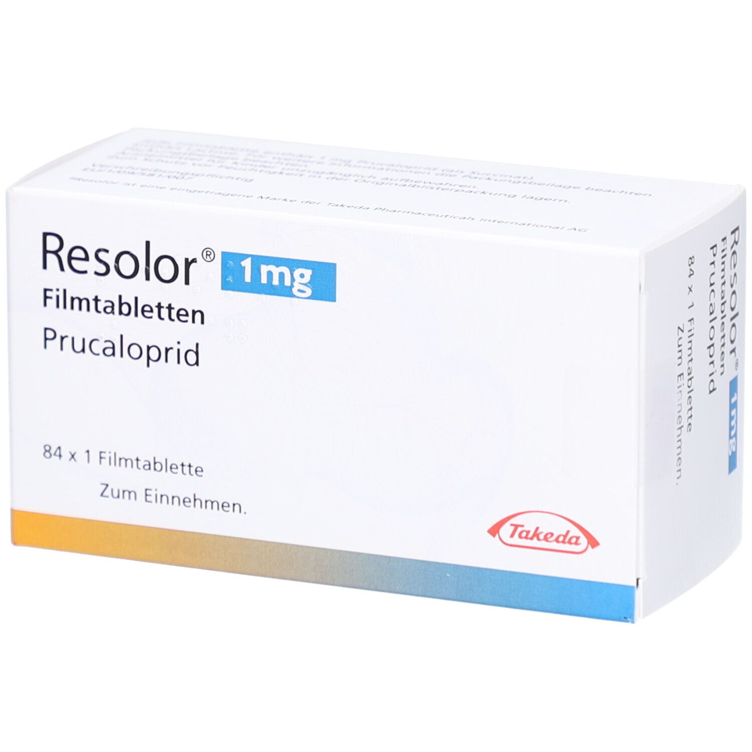 RESOLOR 1 mg Filmtabletten-Packung. Enthält 84 Tabletten. Aufschrift: Prucaloprid, Takeda-Logo.