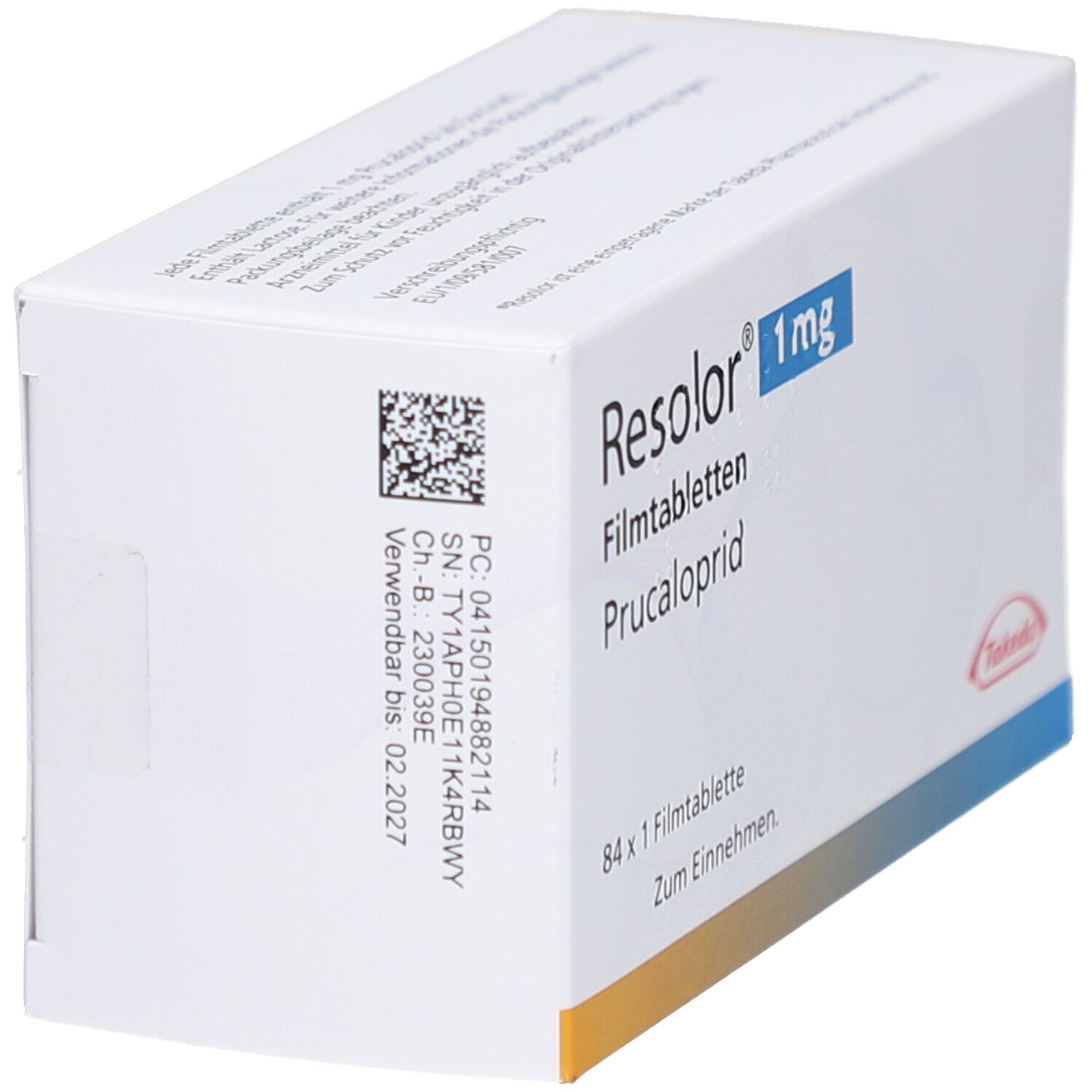 Schrägansicht der RESOLOR 1 mg Packung. Aufschrift: Prucaloprid, 84 Tabletten. Barcode und Verfallsdatum.
