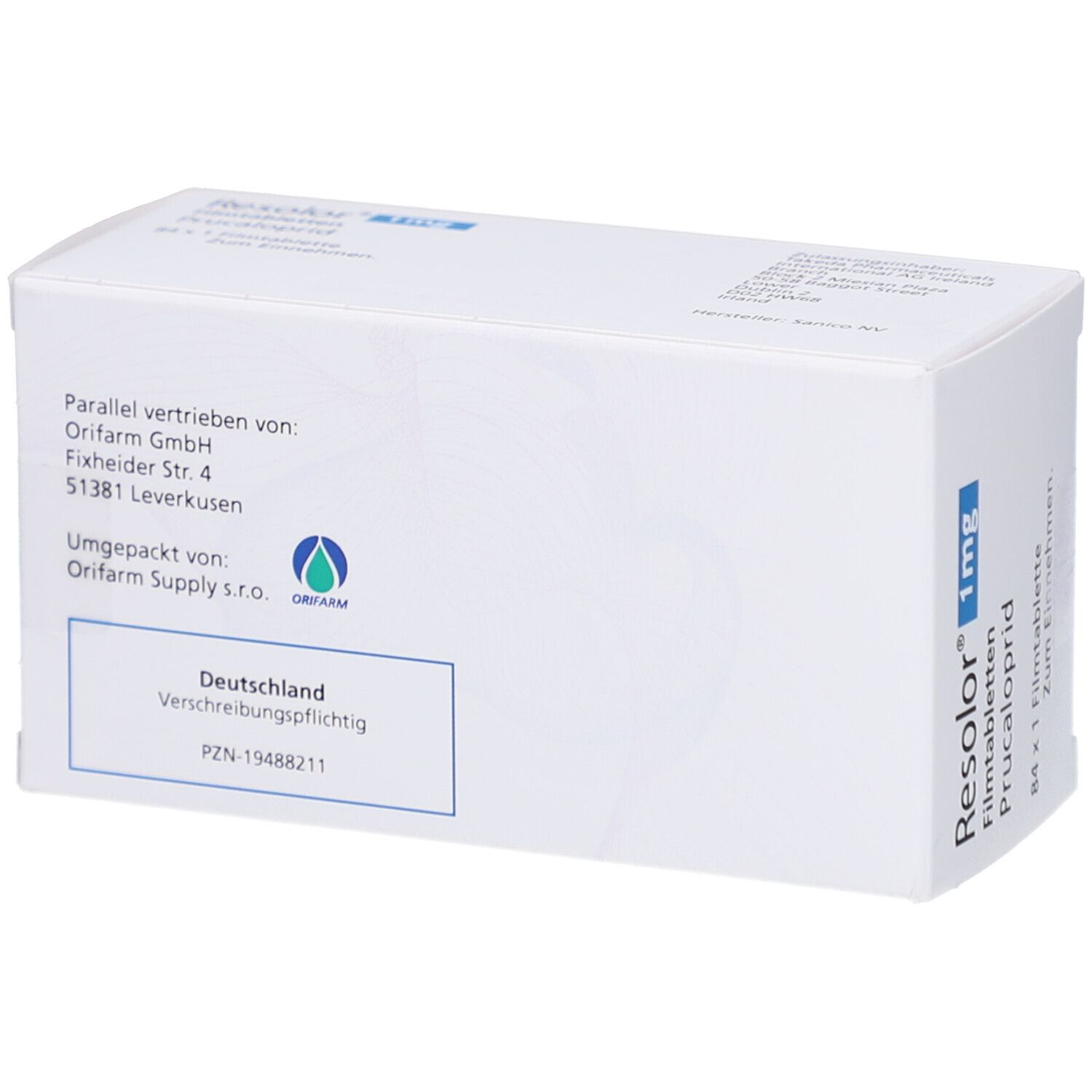 RESOLOR 1 mg Packung, Rückseite. Aufschrift: Orifarm GmbH, Deutschland. PZN-19488211.