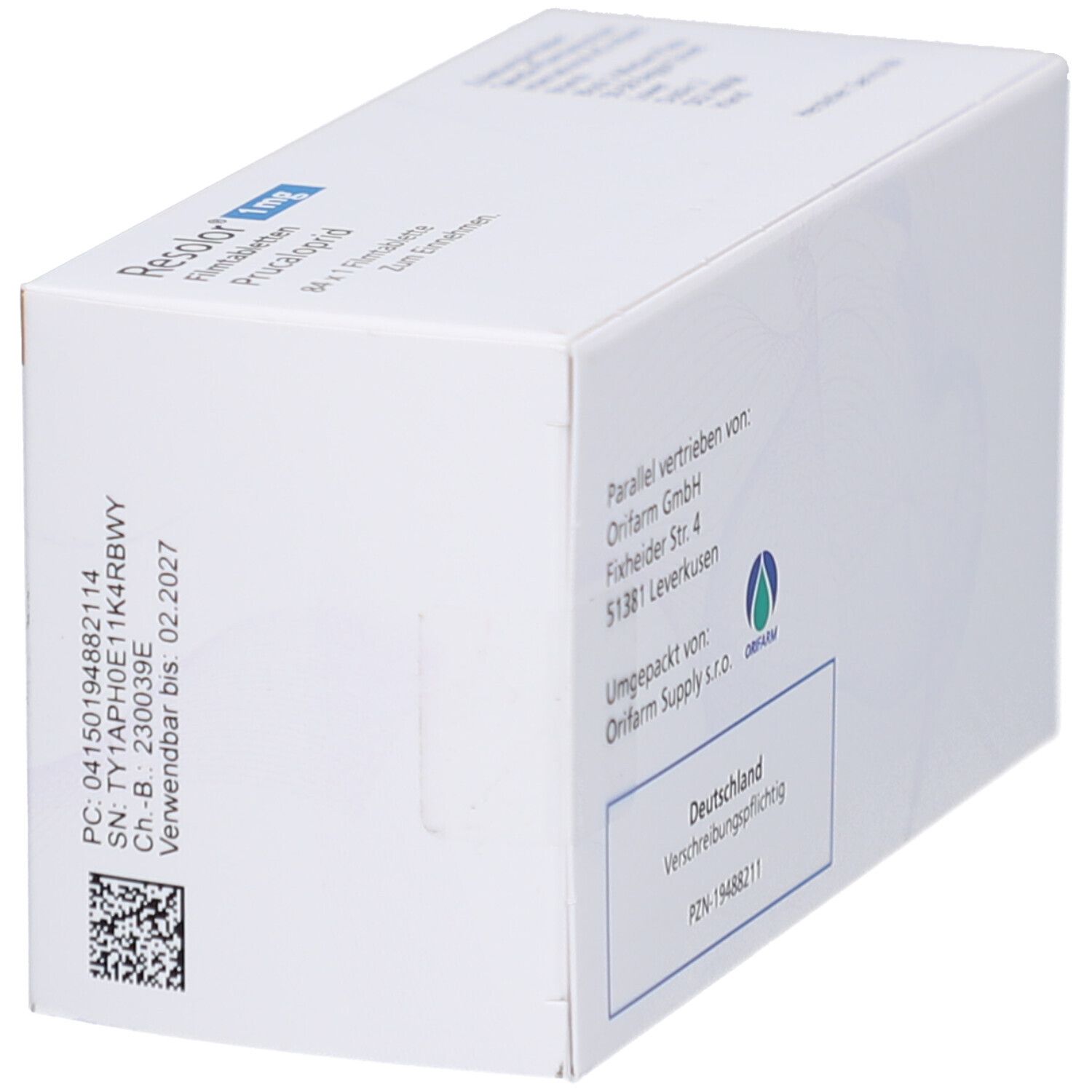 Schrägansicht der RESOLOR 1 mg Packung, Rückseite. Aufschrift: Orifarm GmbH, Deutschland. Barcode.