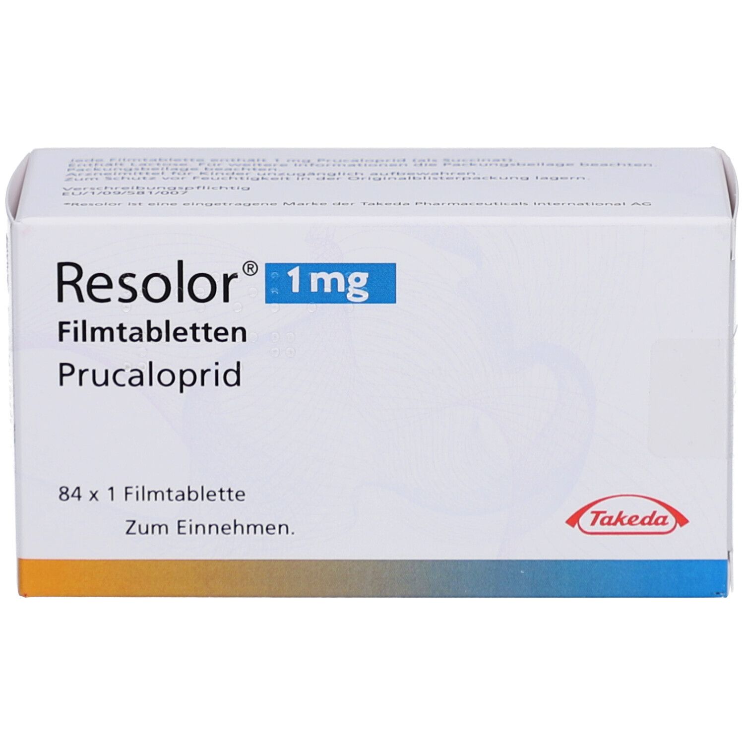 RESOLOR 1 mg Filmtabletten-Packung. Enthält 84 Tabletten. Aufschrift: Prucaloprid, Takeda-Logo.