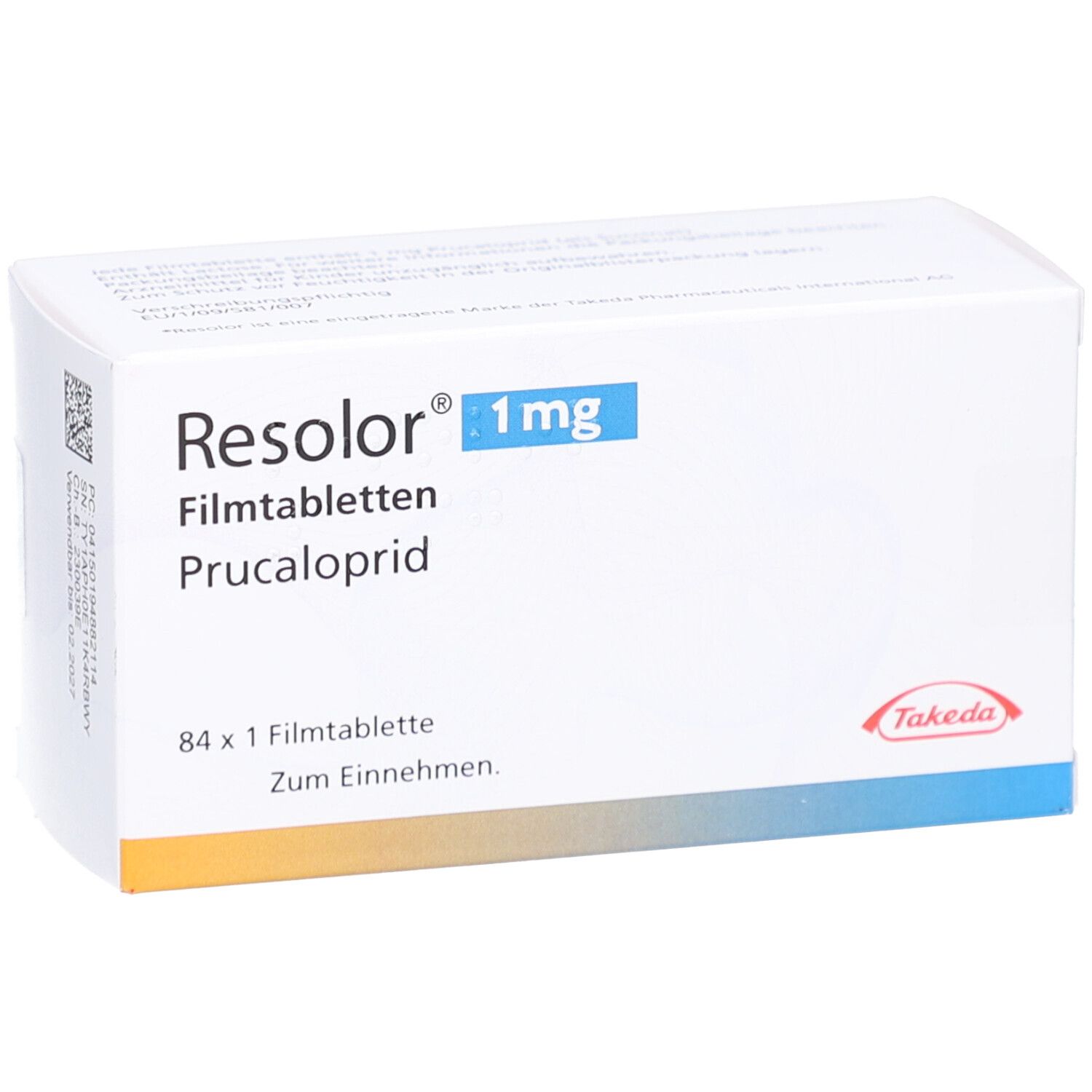 RESOLOR 1 mg Filmtabletten-Packung. Enthält 84 Tabletten. Aufschrift: Prucaloprid, Takeda-Logo.