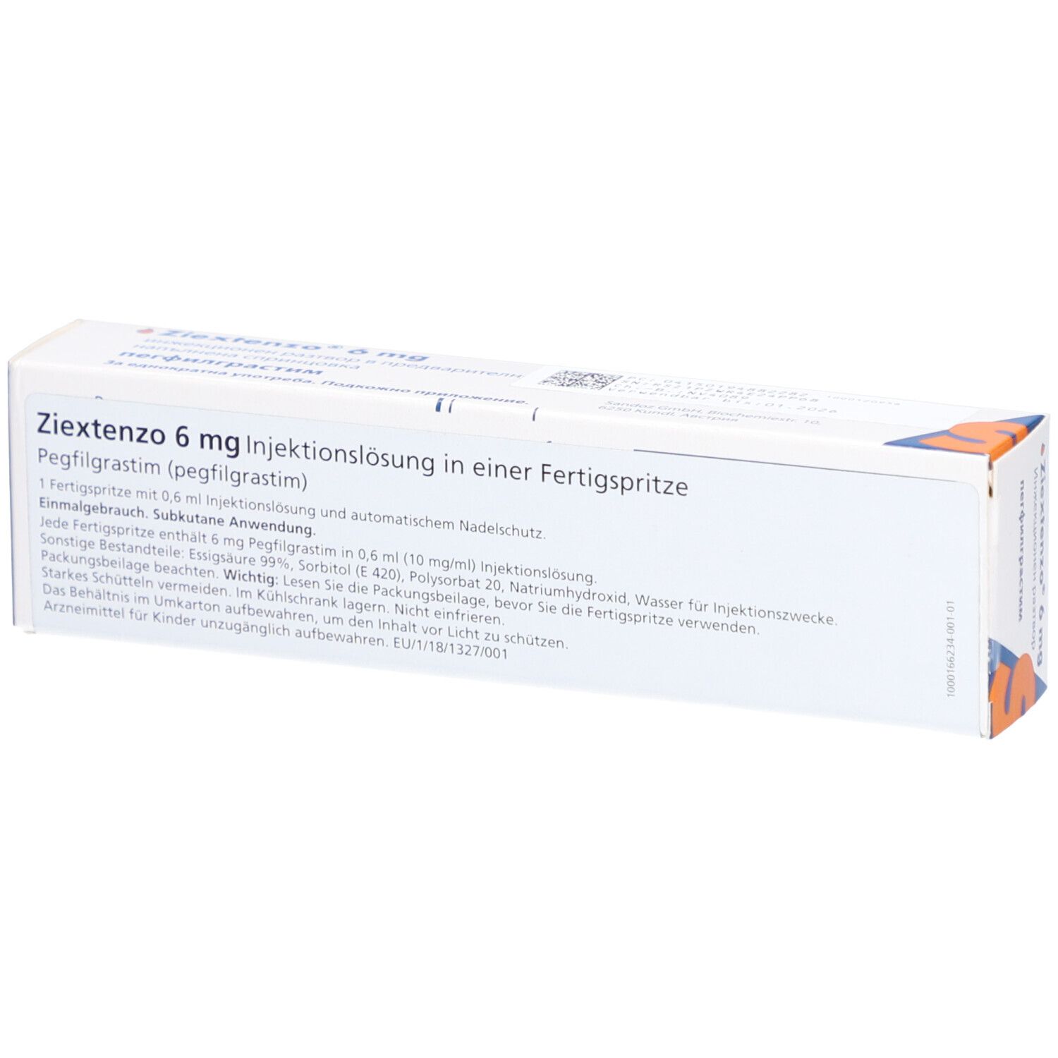 Schachtel mit ZIEXTENZO 6 mg Injektionslösung. Text in deutscher Sprache.