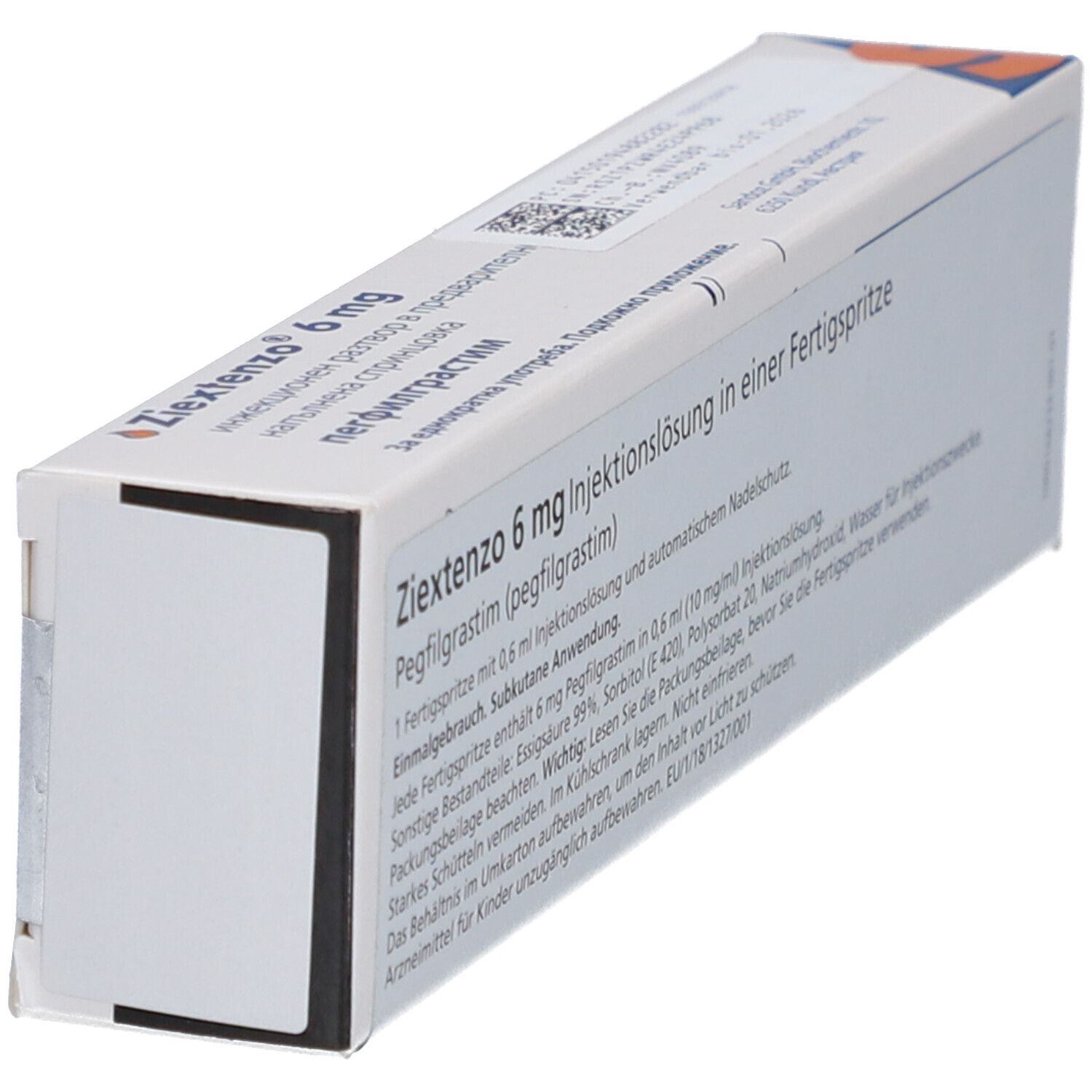 Schachtel mit ZIEXTENZO 6 mg Injektionslösung. Text in deutscher Sprache.
