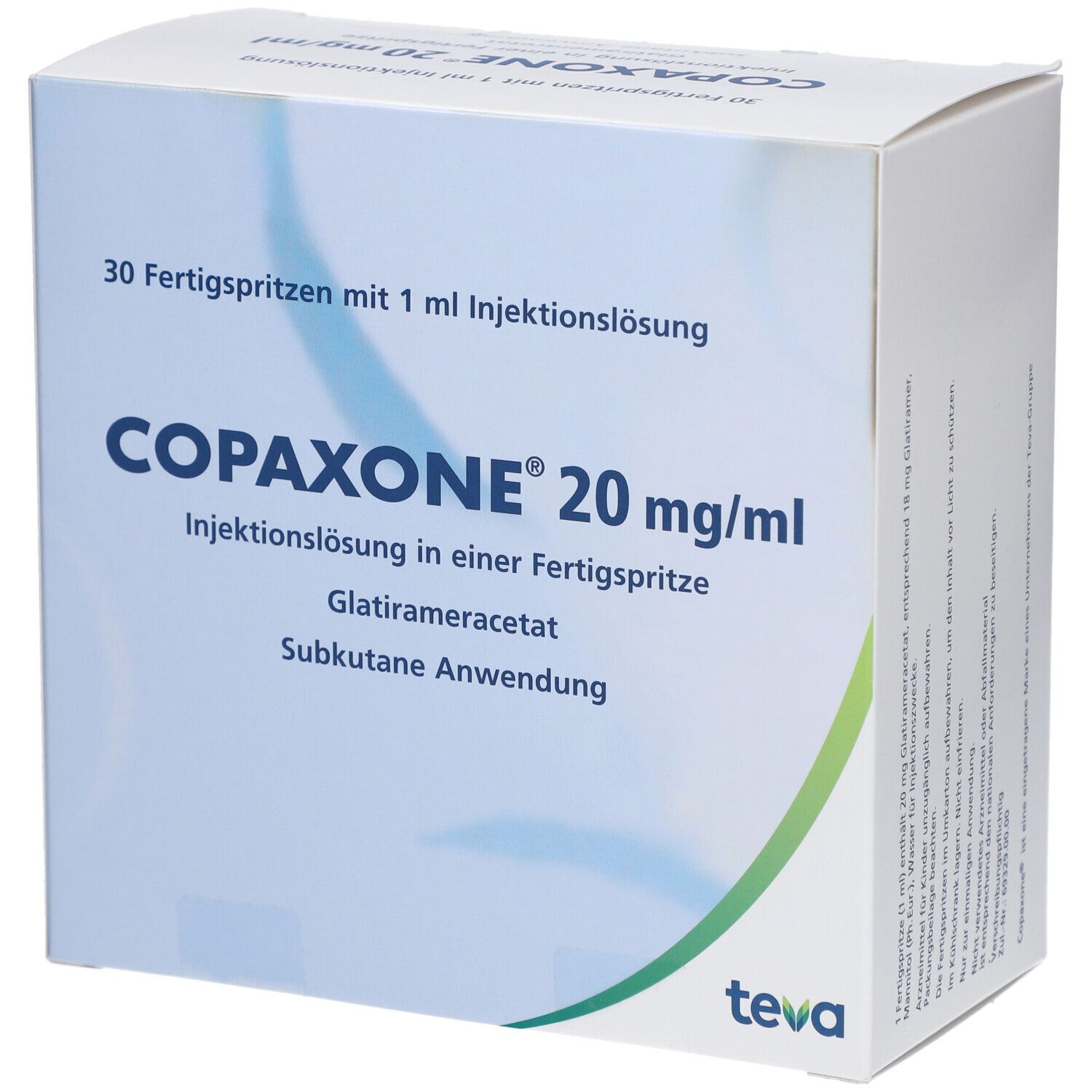 Schachtel mit COPAXONE 20 mg/ml Injektionslösung. Enthält 30 Fertigspritzen. Teva-Logo unten rechts.