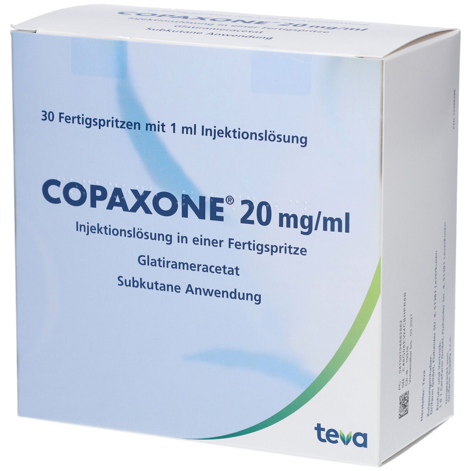 Schachtel COPAXONE 20 mg/ml. Aufschrift: 30 Fertigspritzen. Teva-Logo. Vorderseite mit Produktnamen und Inhaltsstoffen.