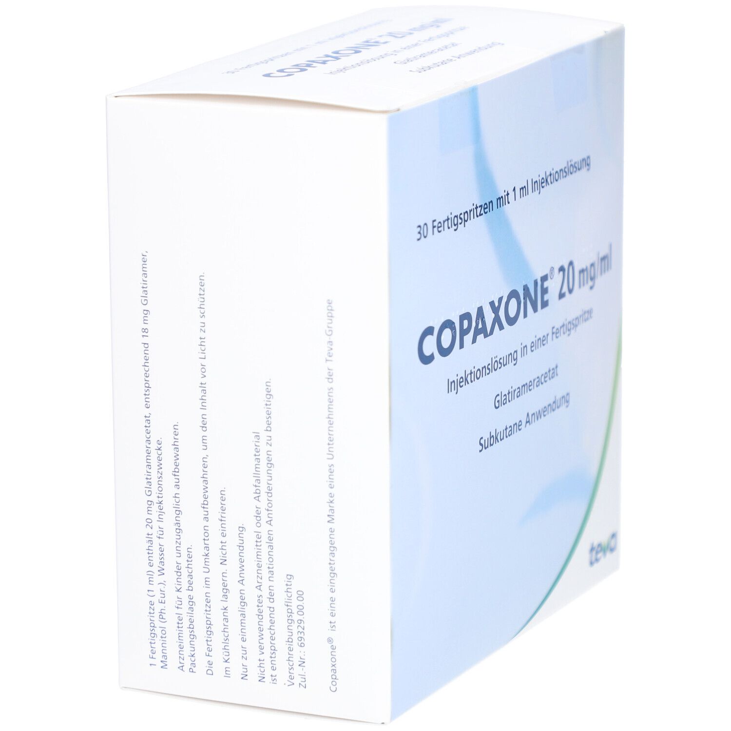 Schachtel COPAXONE 20 mg/ml. Aufschrift: 30 Fertigspritzen. Teva-Logo. Rückseite mit Text.