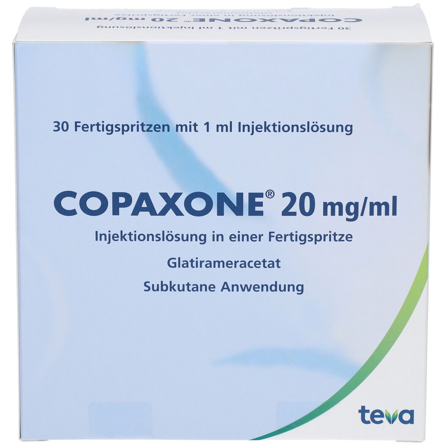 Schachtel COPAXONE 20 mg/ml. Aufschrift: 30 Fertigspritzen. Teva-Logo. Vorderseite mit Produktnamen und Inhaltsstoffen.