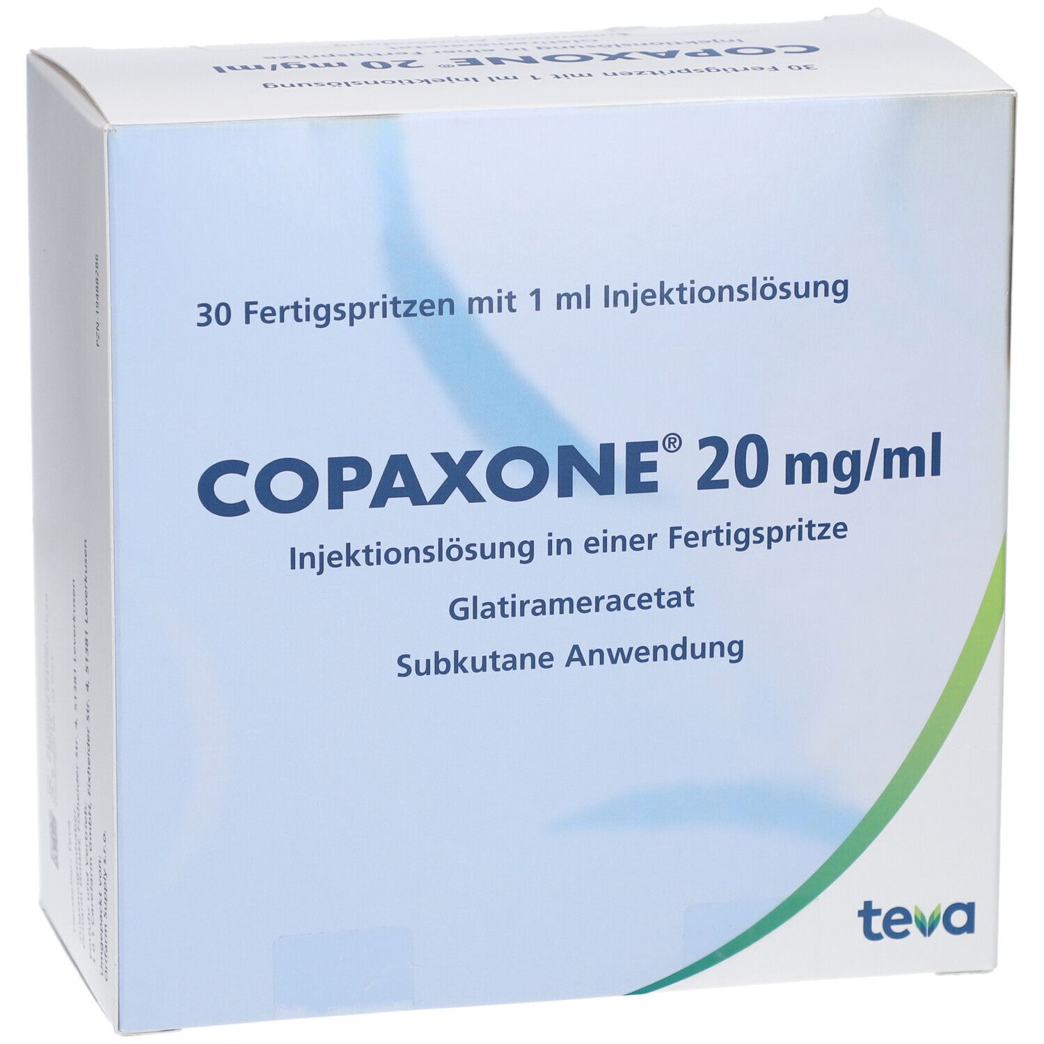 Schachtel COPAXONE 20 mg/ml. Aufschrift: 30 Fertigspritzen. Teva-Logo. Vorderseite mit Produktnamen und Inhaltsstoffen.