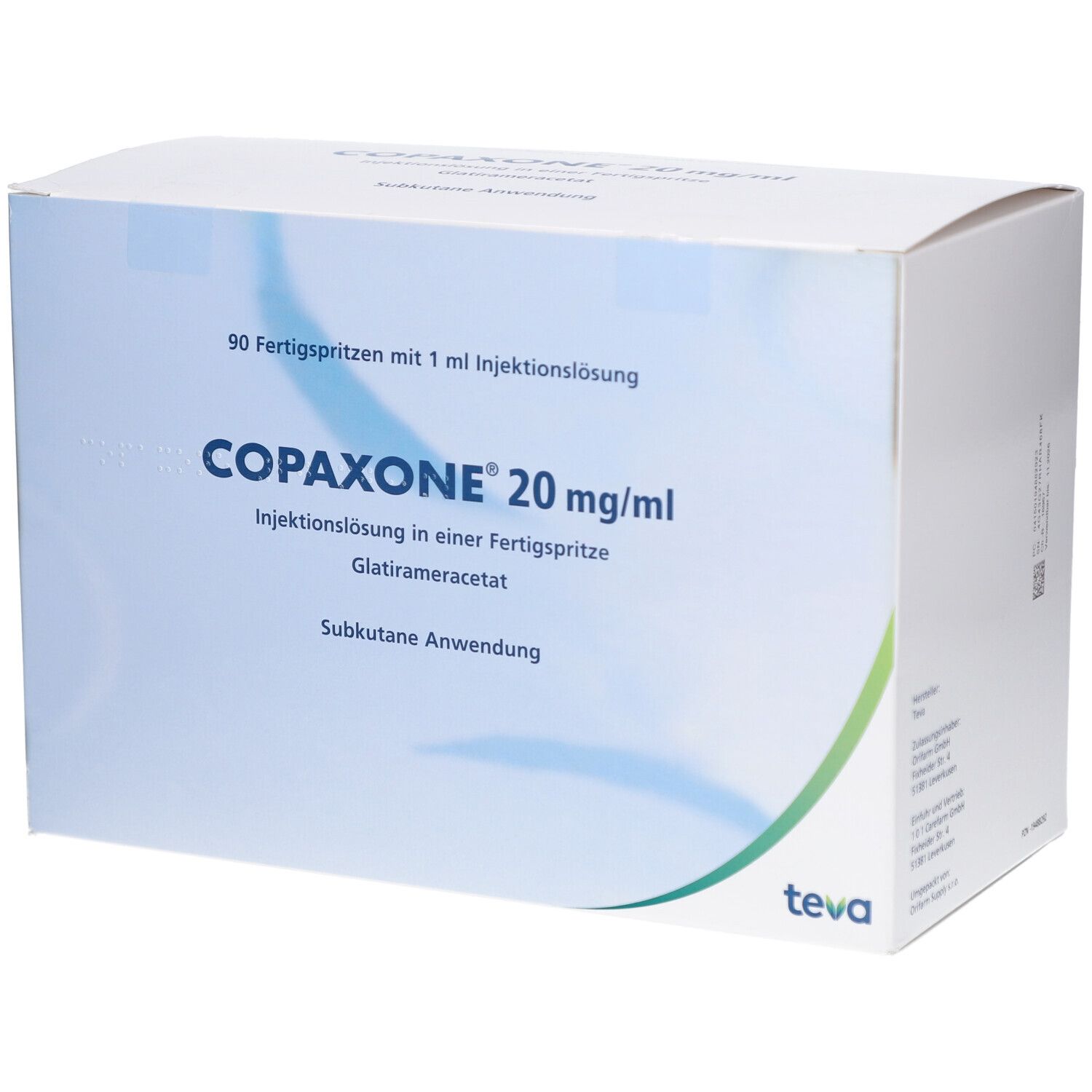 Schachtel mit COPAXONE 20 mg/ml. Aufschrift: 90 Fertigspritzen, Injektionslösung, Glatirameracetat, subkutane Anwendung. Teva-Logo.