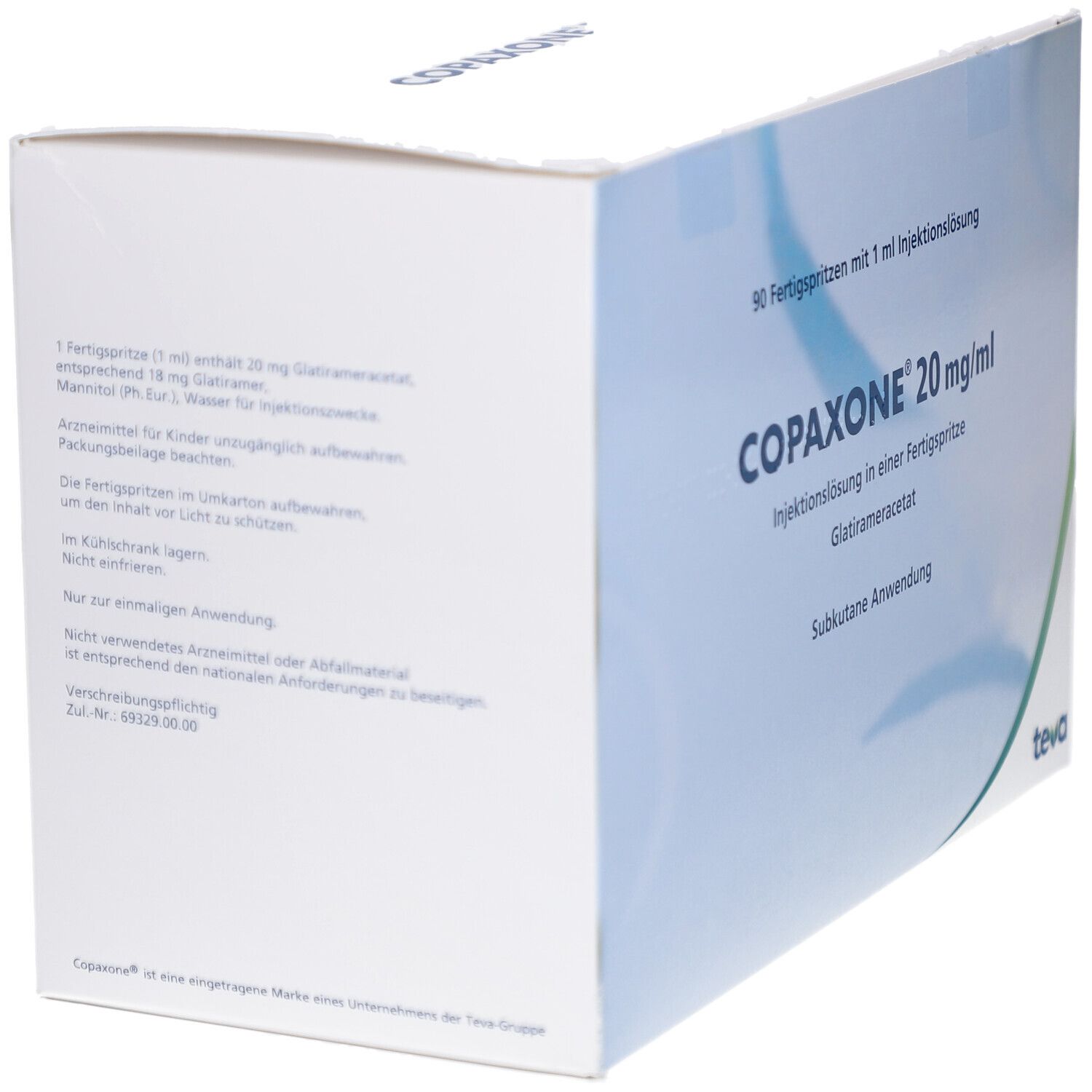 Schachtel mit COPAXONE 20 mg/ml. Aufschrift: 90 Fertigspritzen, Injektionslösung, Glatirameracetat, subkutane Anwendung. Teva-Logo. Rückseite mit Text.