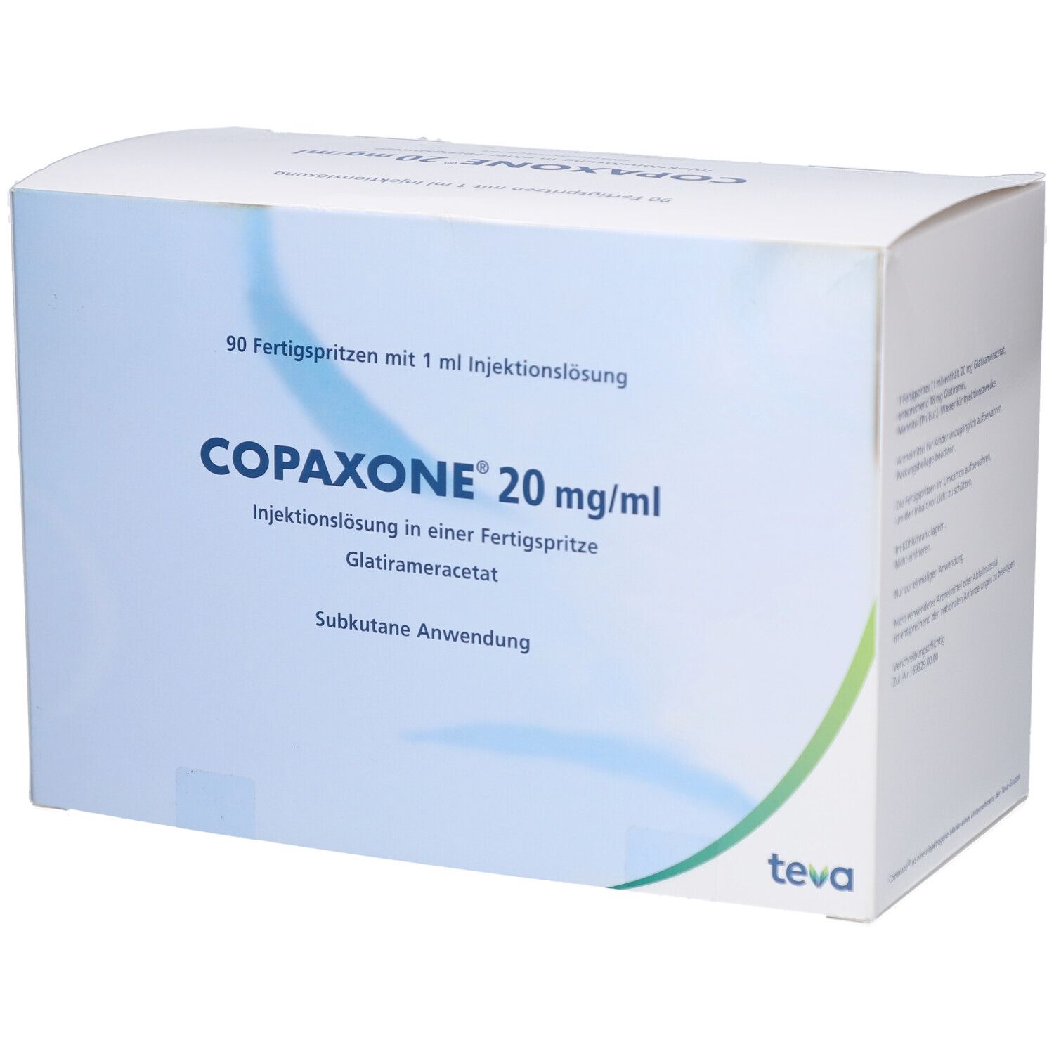 Schachtel mit COPAXONE 20 mg/ml. Aufschrift: 90 Fertigspritzen, Injektionslösung, Glatirameracetat, subkutane Anwendung. Teva-Logo.